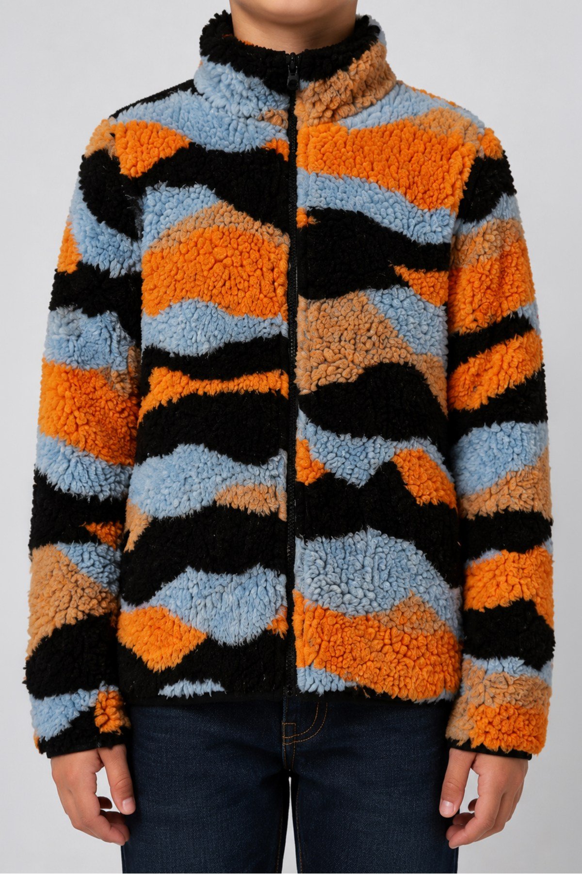 Çocuk Lacivert Turuncu Dalga Desenli Peluş Ceket – Dik Yaka, Fermuarlı, Cepsiz, Oversize