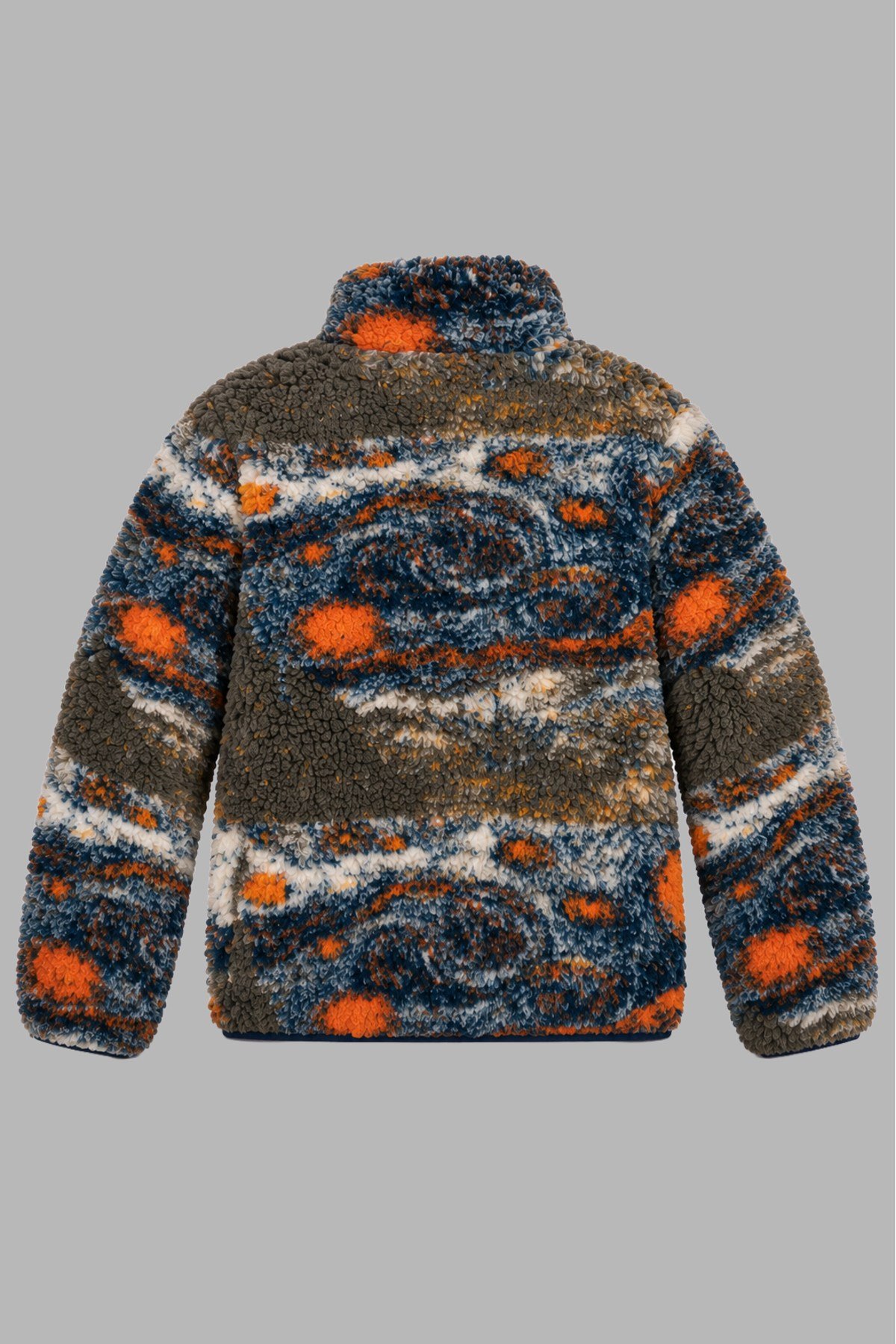 Çocuk Lacivert Turuncu Soyut Desenli Peluş Ceket – Dik Yaka, Fermuarlı, Cepsiz, Oversize