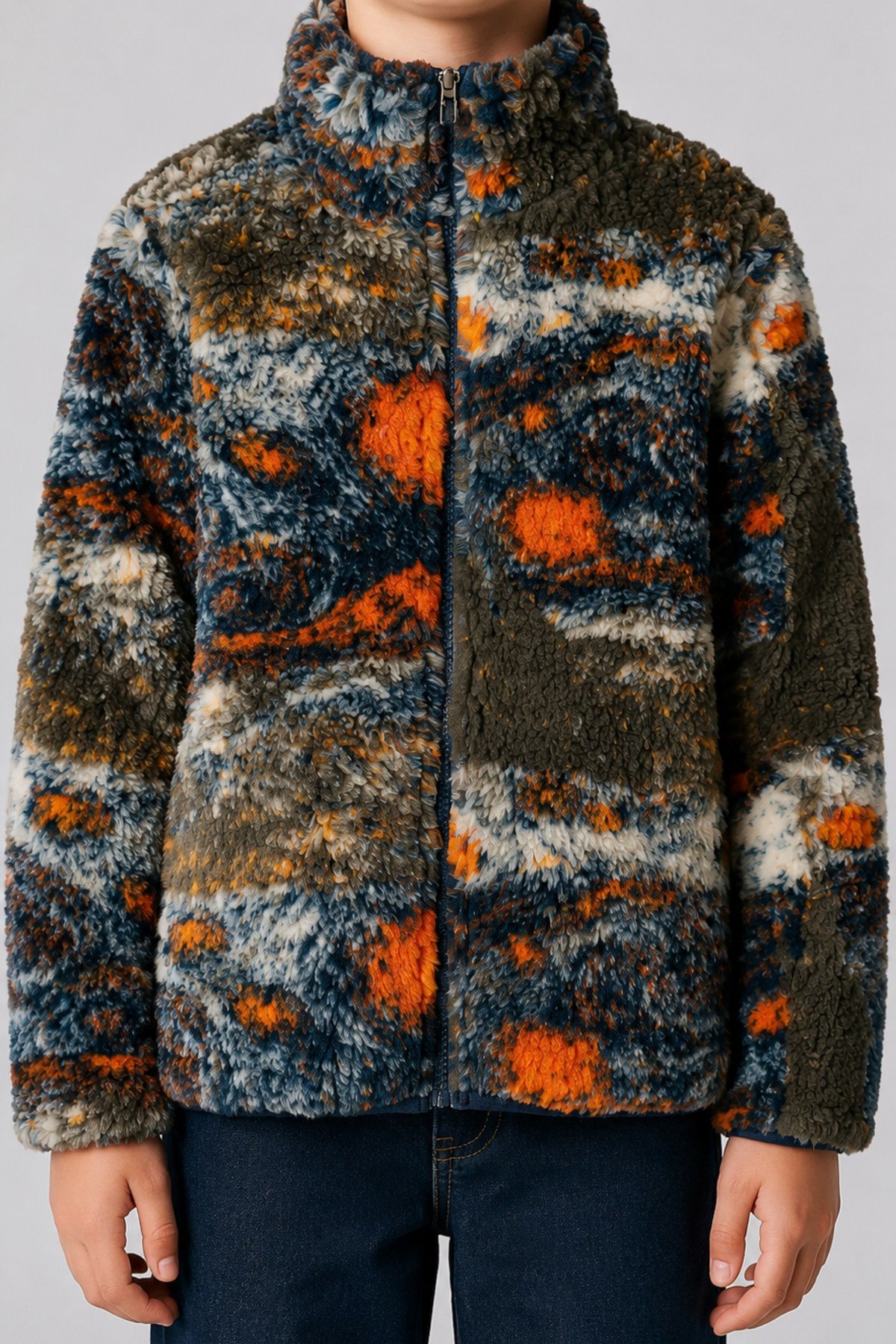 Çocuk Lacivert Turuncu Soyut Desenli Peluş Ceket – Dik Yaka, Fermuarlı, Cepsiz, Oversize