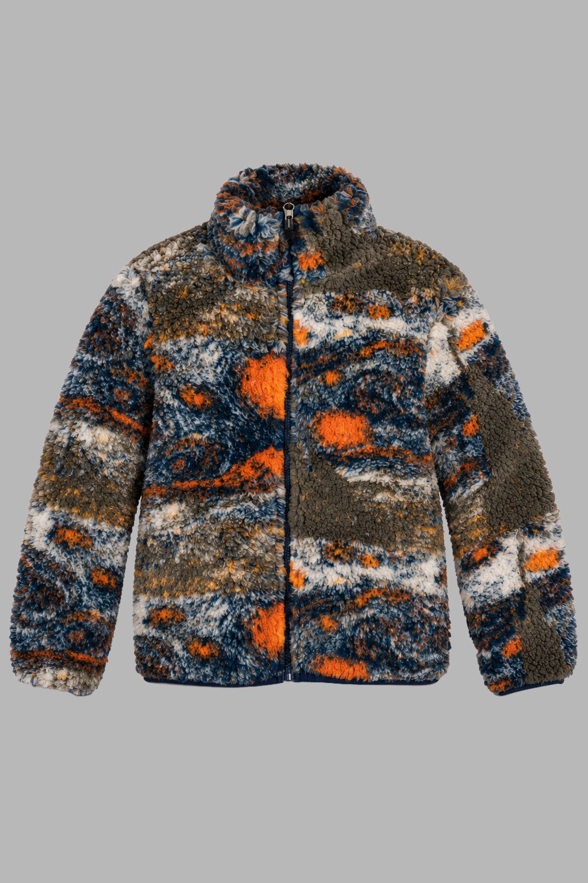 Çocuk Lacivert Turuncu Soyut Desenli Peluş Ceket – Dik Yaka, Fermuarlı, Cepsiz, Oversize