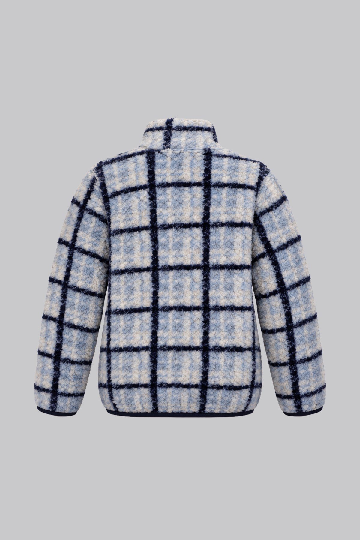 Çocuk Mavi Ekru Pencere Ekose Desenli Peluş Ceket – Dik Yaka, Fermuarlı, Cepsiz, Oversize