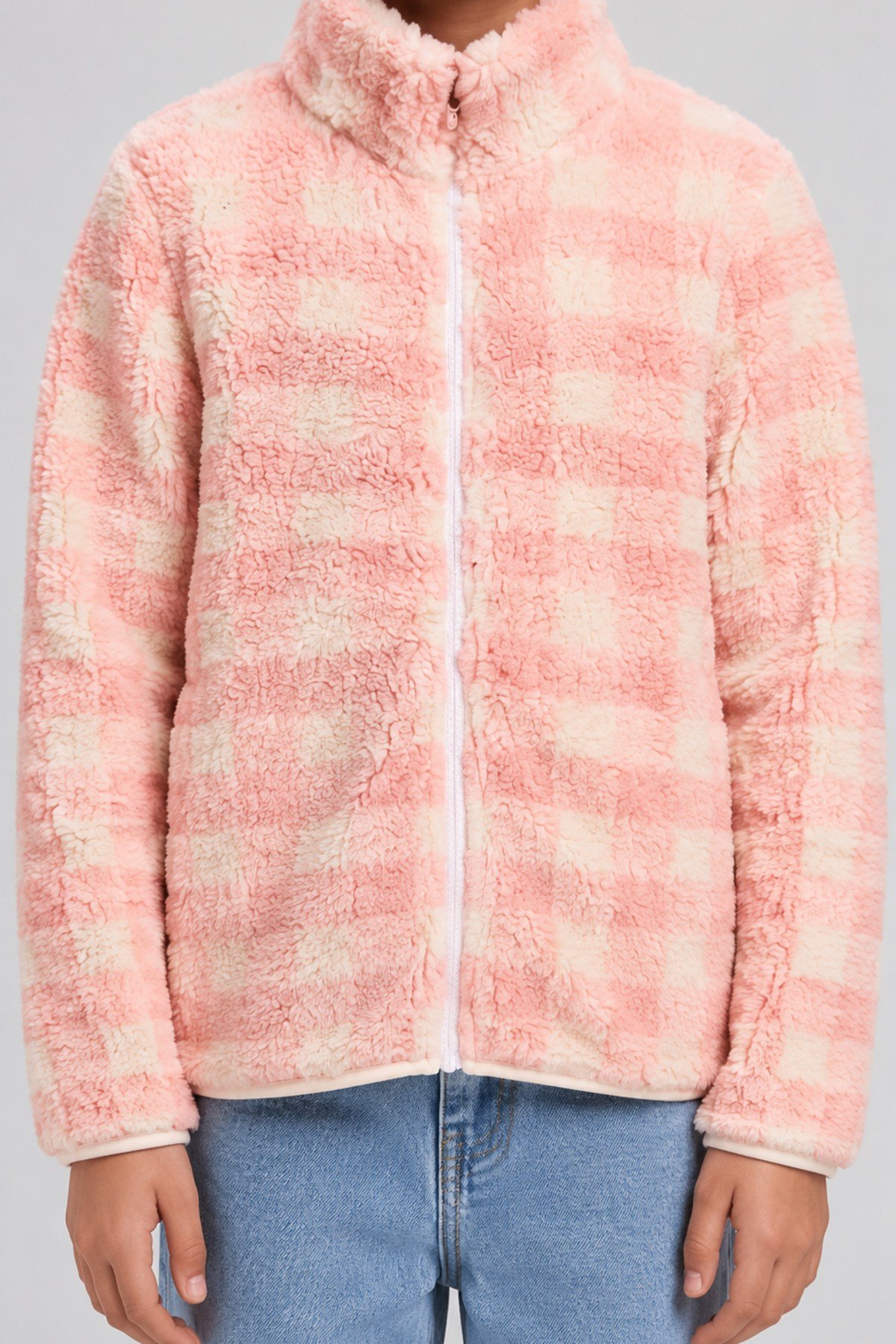 Çocuk Pembe Ekru Kareli Desenli Peluş Ceket – Dik Yaka, Fermuarlı, Cepsiz, Oversize