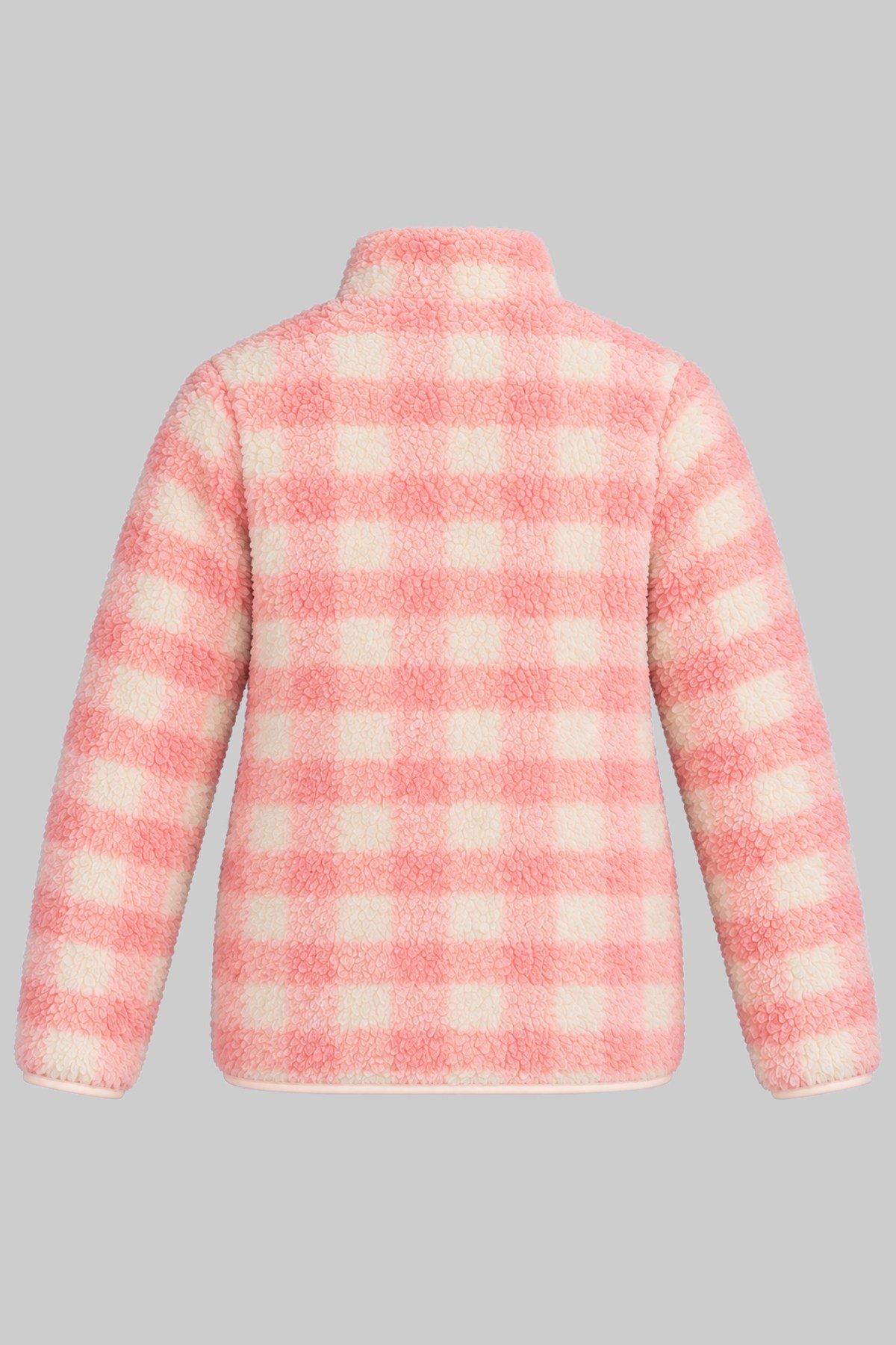Çocuk Pembe Ekru Kareli Desenli Peluş Ceket – Dik Yaka, Fermuarlı, Cepsiz, Oversize