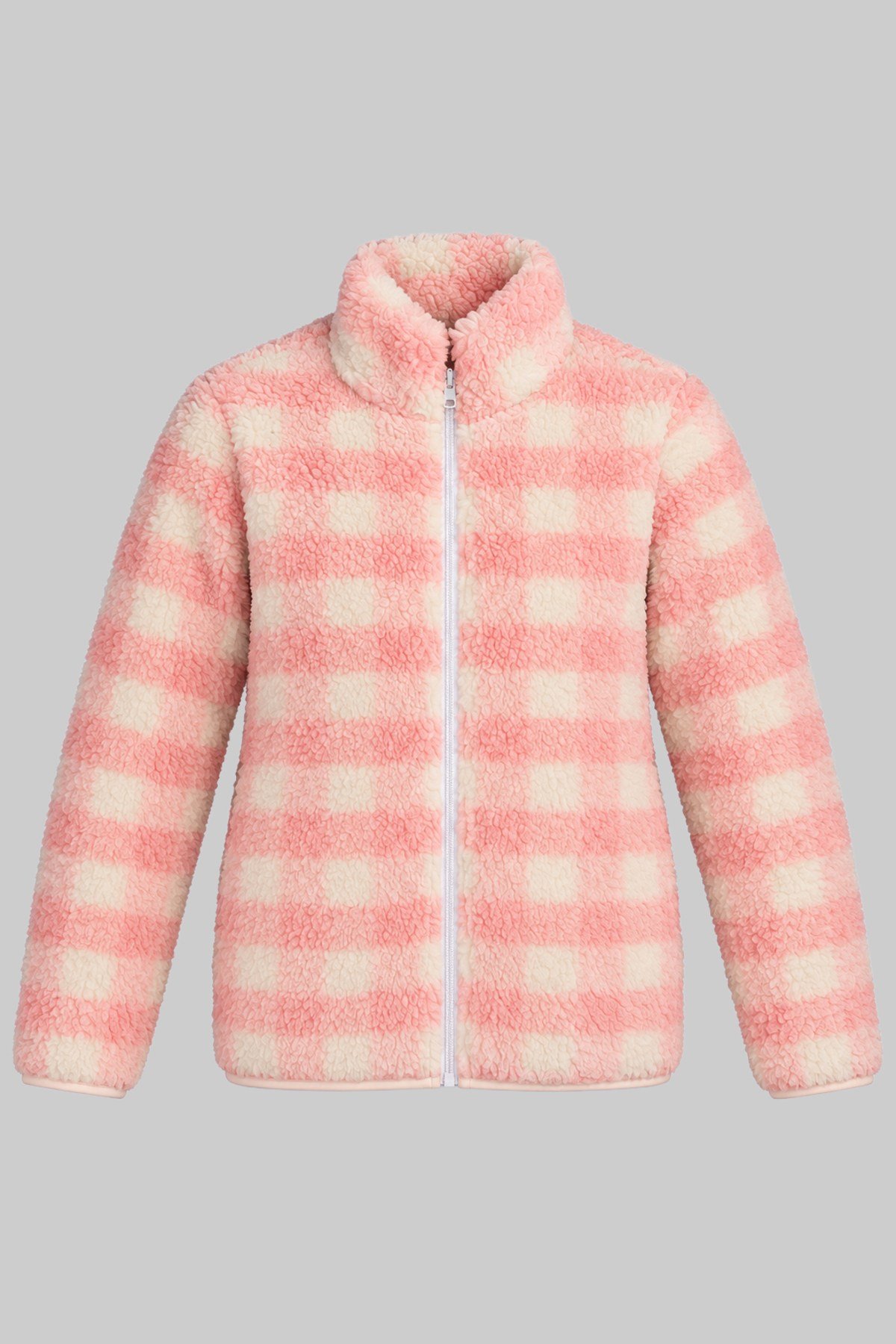 Çocuk Pembe Ekru Kareli Desenli Peluş Ceket – Dik Yaka, Fermuarlı, Cepsiz, Oversize