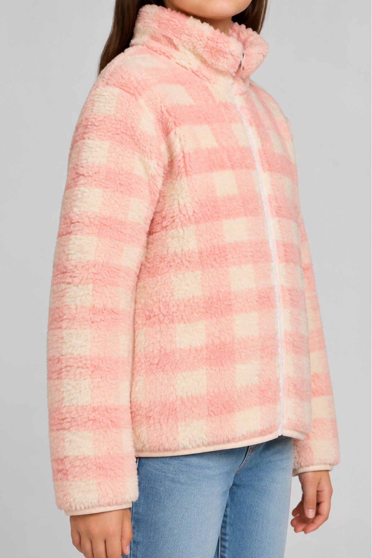 Çocuk Pembe Ekru Kareli Desenli Peluş Ceket – Dik Yaka, Fermuarlı, Cepsiz, Oversize
