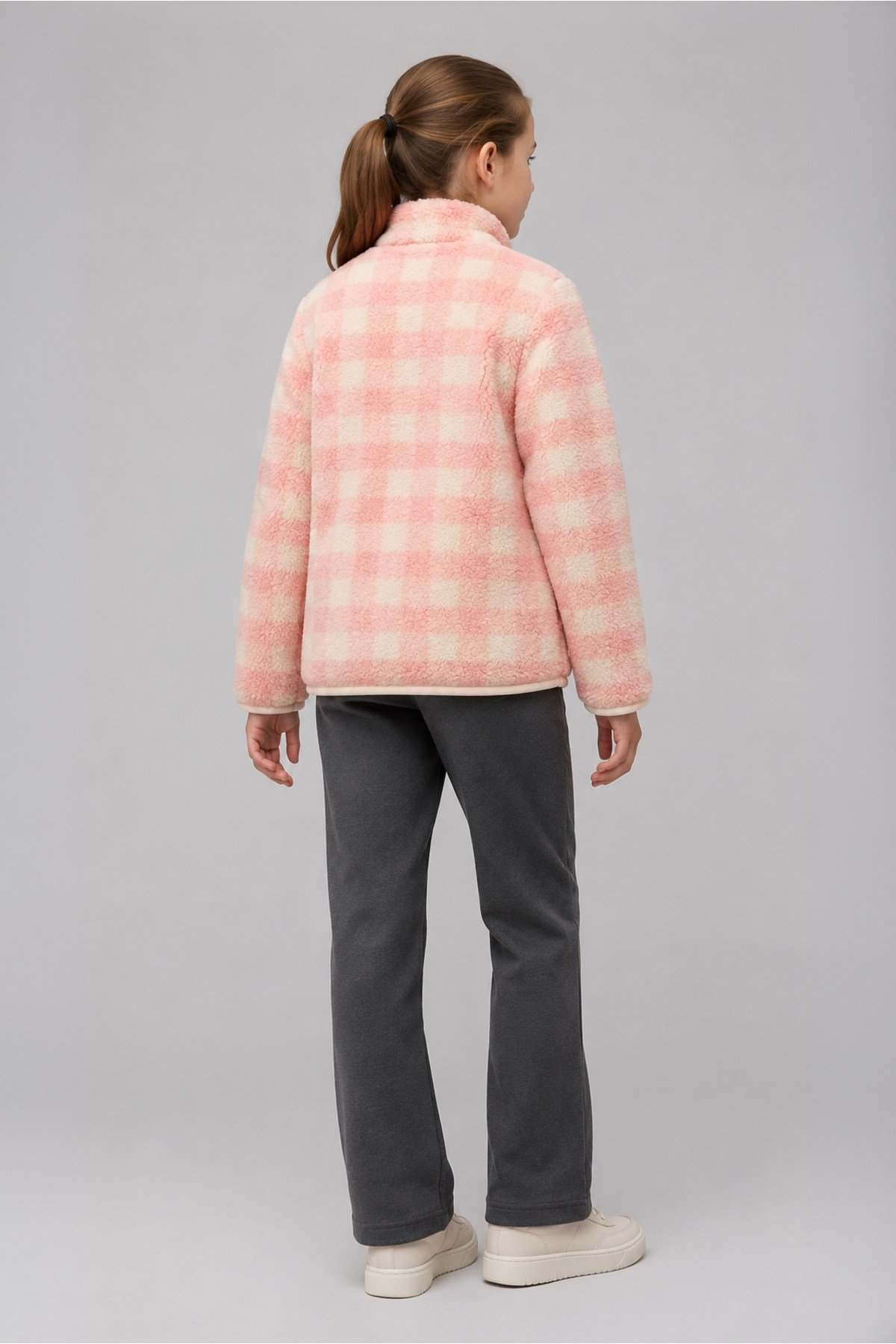 Çocuk Pembe Ekru Kareli Desenli Peluş Ceket – Dik Yaka, Fermuarlı, Cepsiz, Oversize