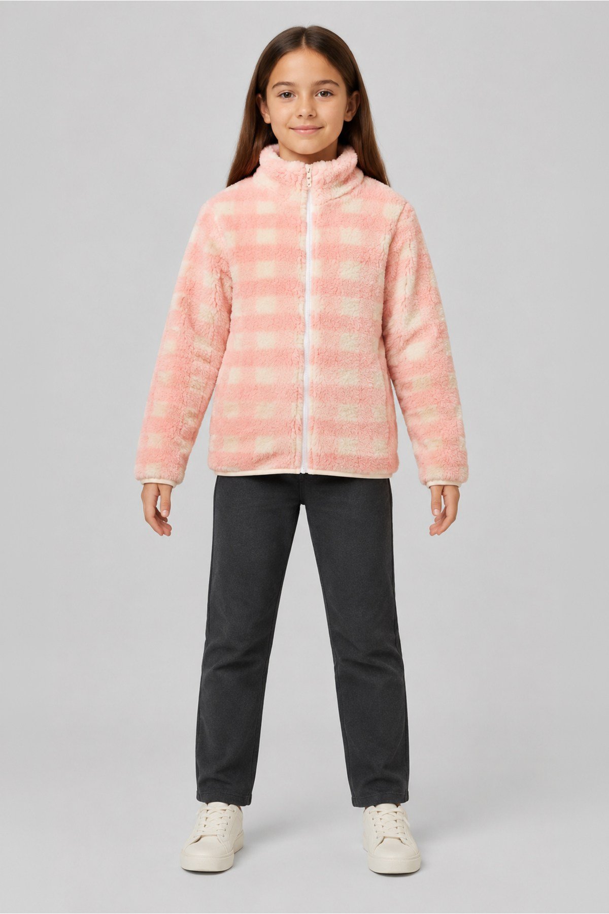 Çocuk Pembe Ekru Kareli Desenli Peluş Ceket – Dik Yaka, Fermuarlı, Cepsiz, Oversize