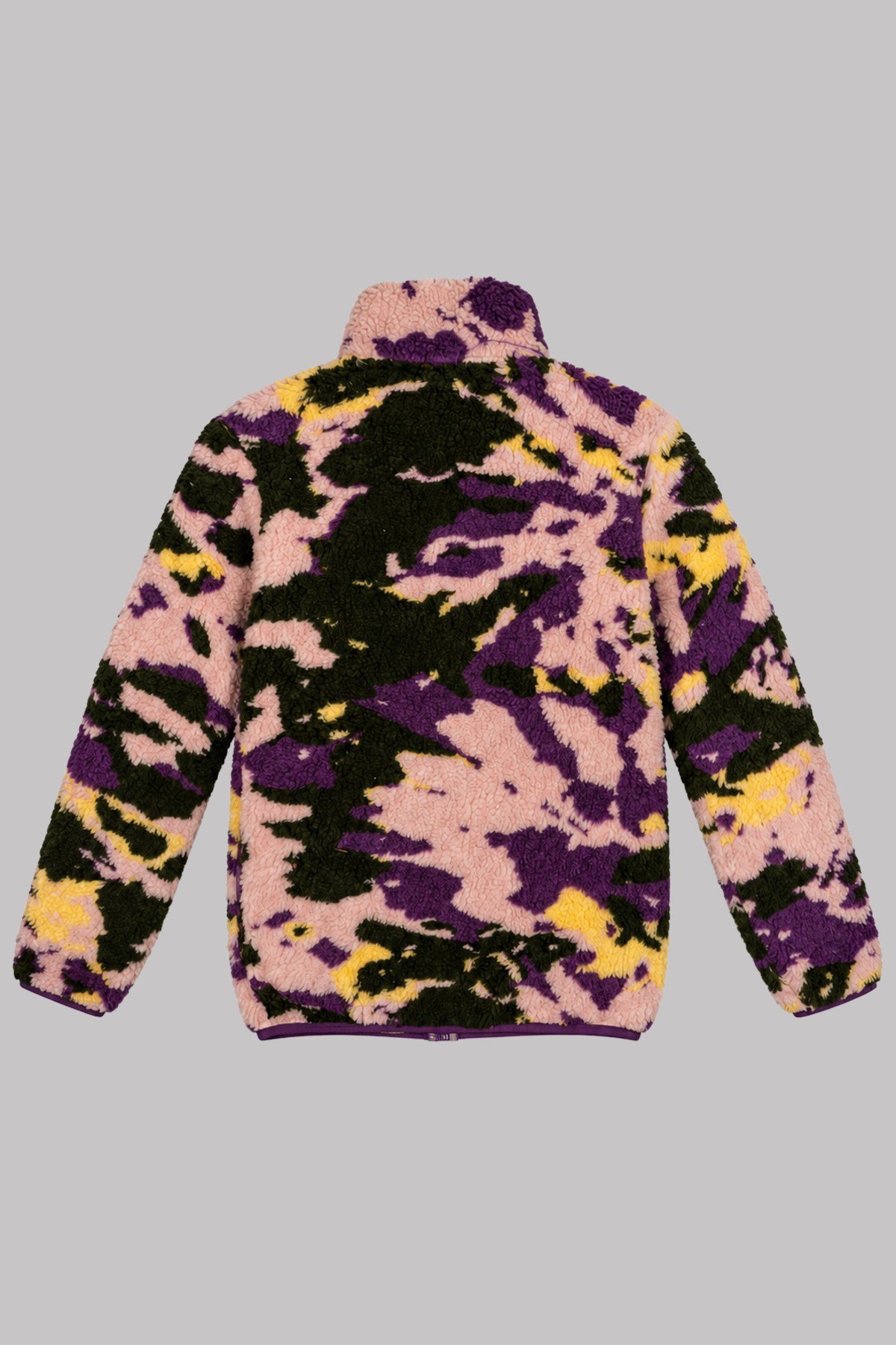 Çocuk Pembe Mor Soyut Desenli Peluş Ceket – Dik Yaka, Fermuarlı, Cepsiz, Oversize