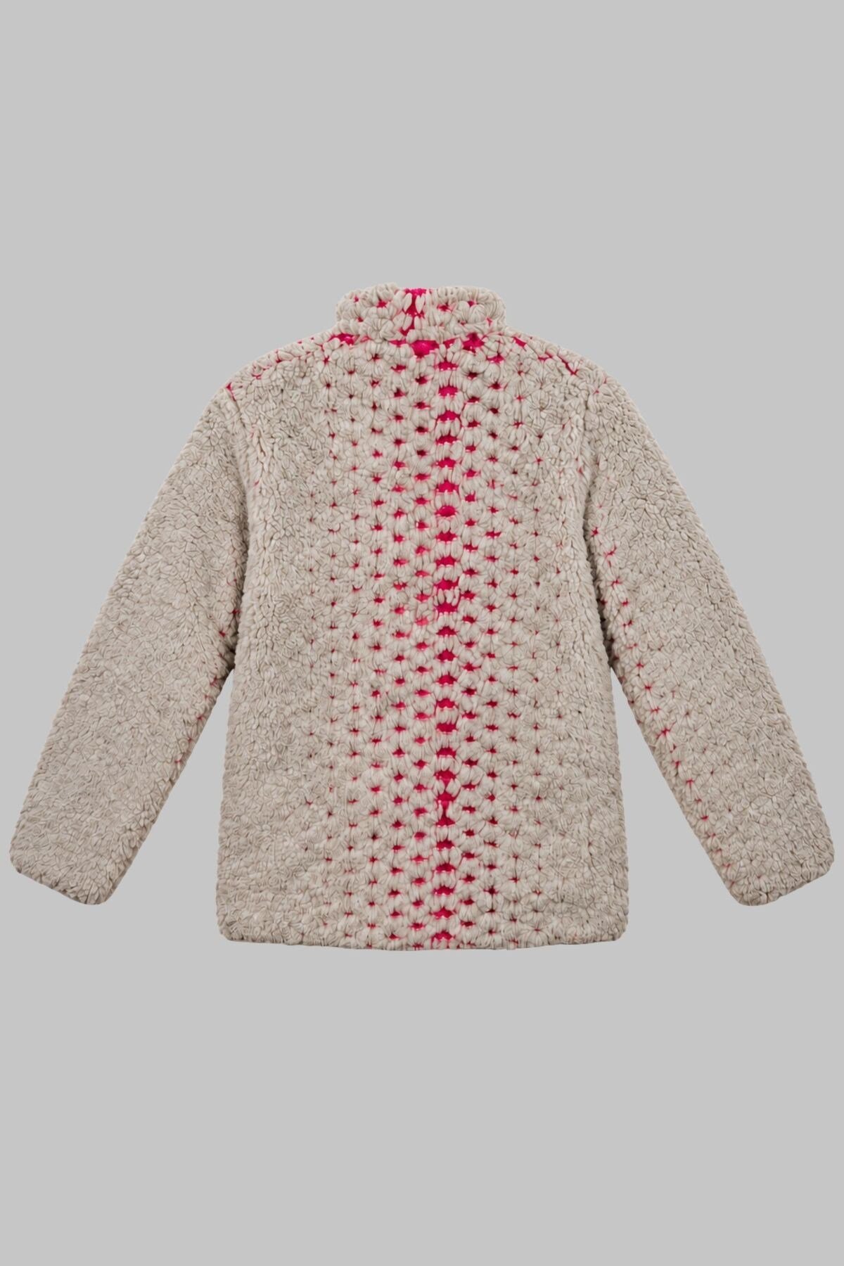 Çocuk Pembe Mor Soyut Desenli Peluş Ceket – Dik Yaka, Fermuarlı, Cepsiz, Oversize