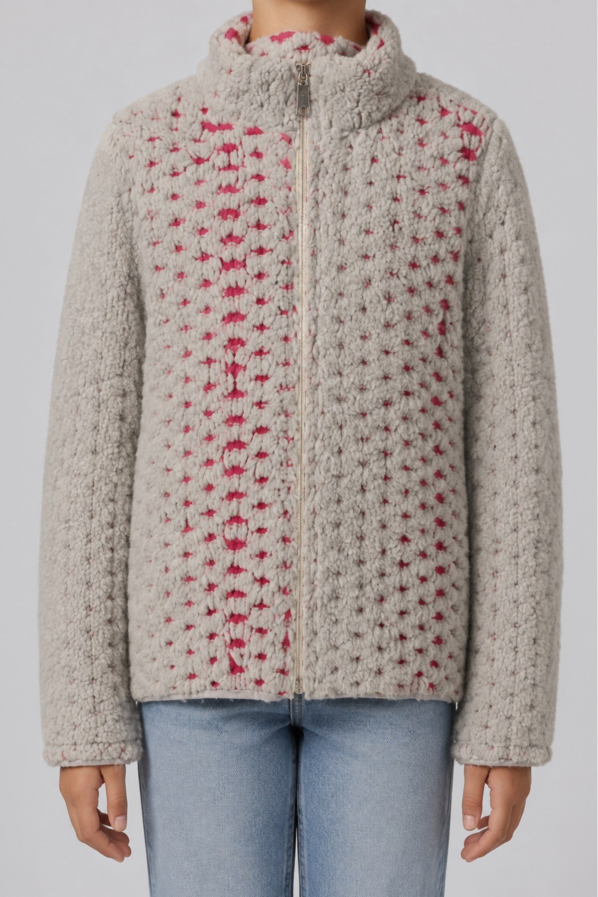Çocuk Pembe Mor Soyut Desenli Peluş Ceket – Dik Yaka, Fermuarlı, Cepsiz, Oversize