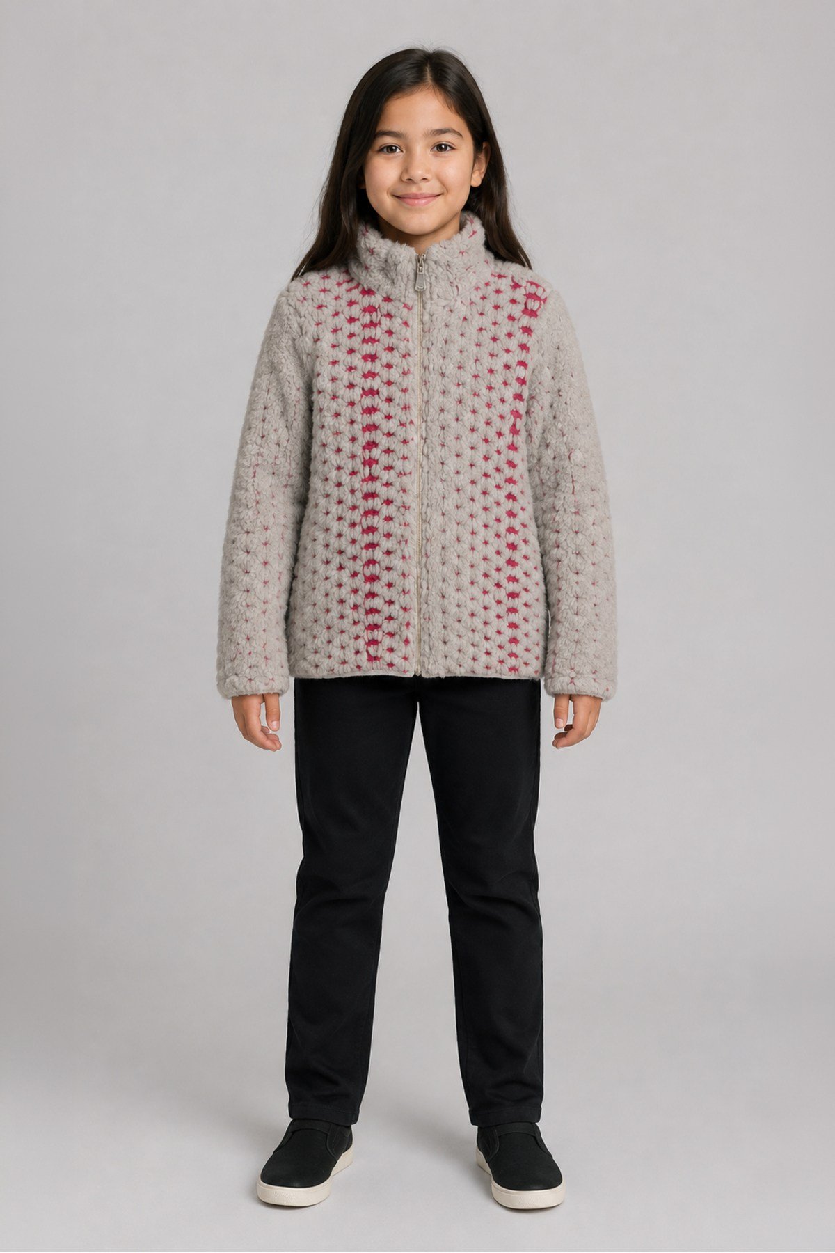 Çocuk Pembe Mor Soyut Desenli Peluş Ceket – Dik Yaka, Fermuarlı, Cepsiz, Oversize
