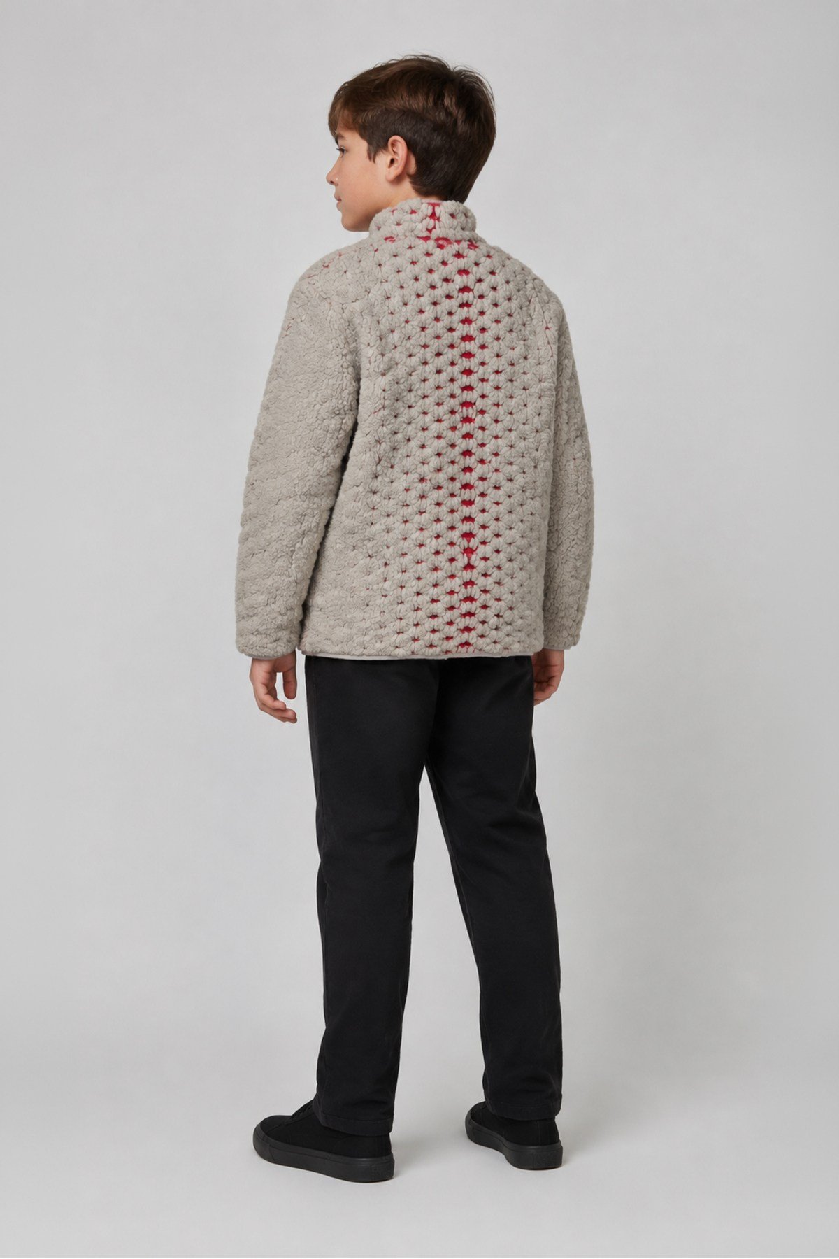 Çocuk Pembe Mor Soyut Desenli Peluş Ceket – Dik Yaka, Fermuarlı, Cepsiz, Oversize