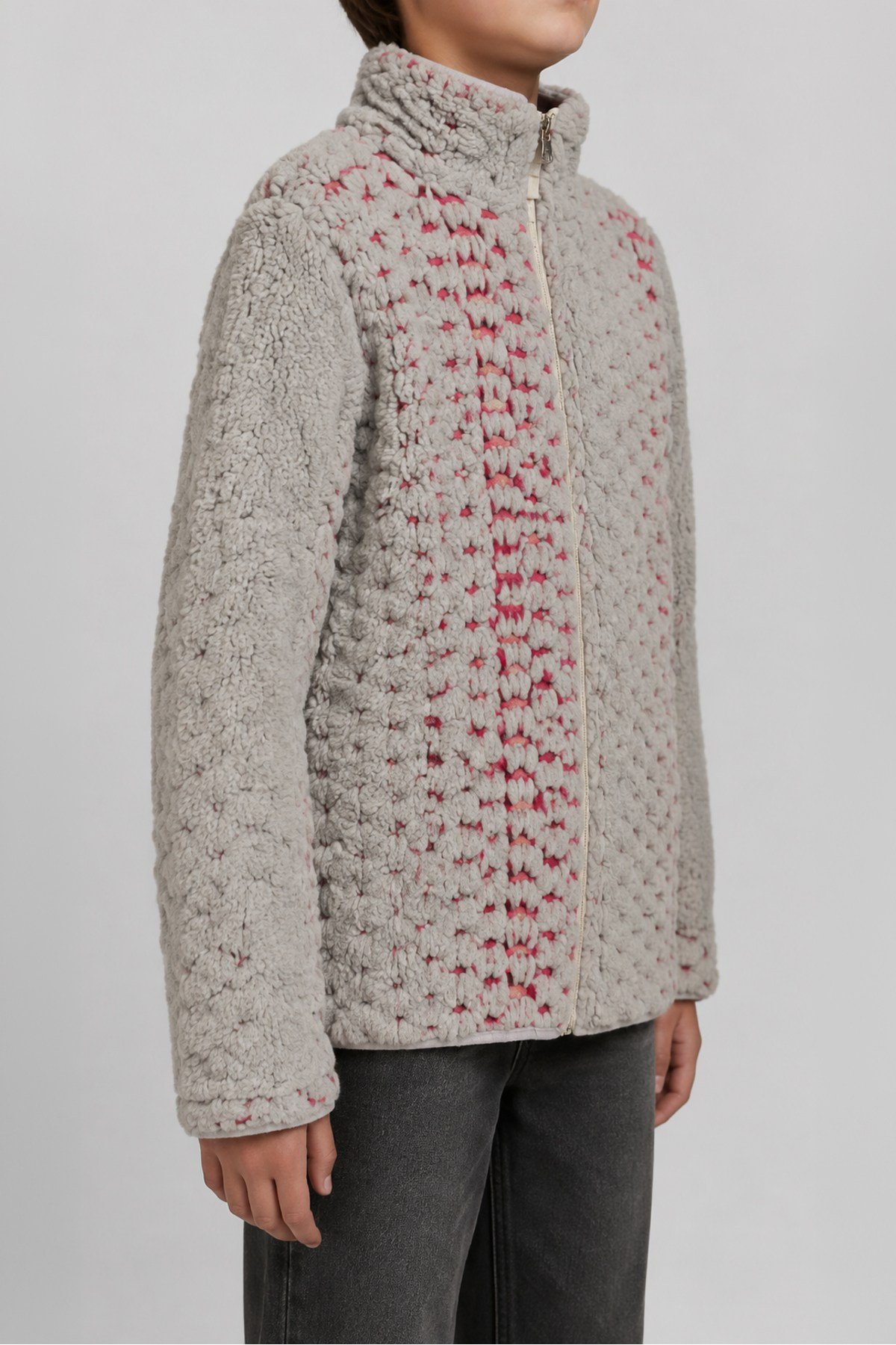 Çocuk Pembe Mor Soyut Desenli Peluş Ceket – Dik Yaka, Fermuarlı, Cepsiz, Oversize