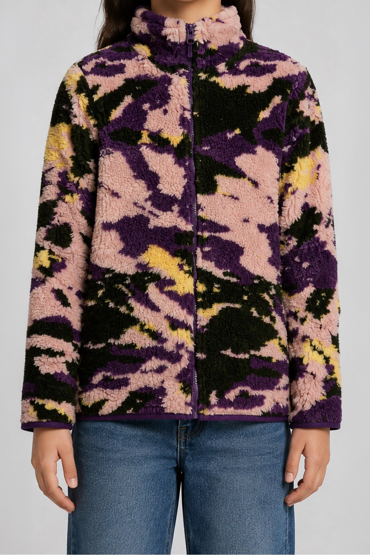 Çocuk Pembe Mor Soyut Desenli Peluş Ceket – Dik Yaka, Fermuarlı, Cepsiz, Oversize