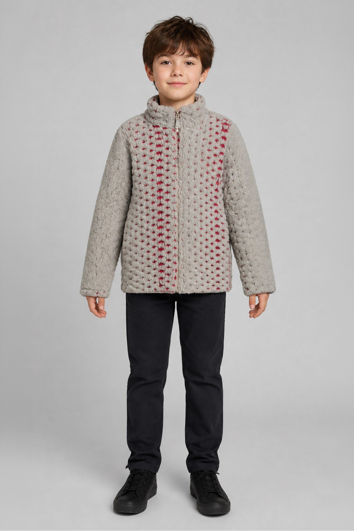 Çocuk Pembe Mor Soyut Desenli Peluş Ceket – Dik Yaka, Fermuarlı, Cepsiz, Oversize