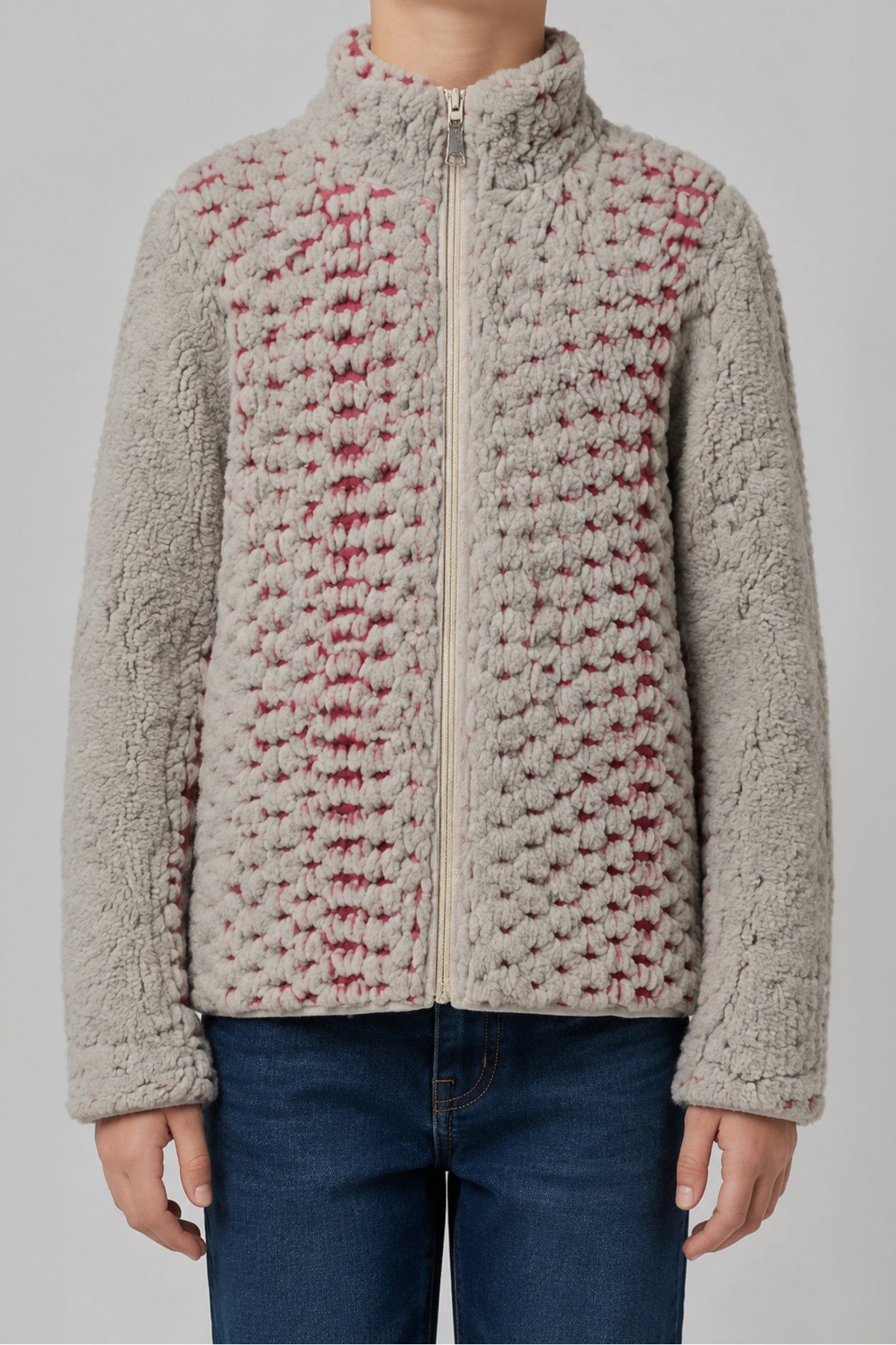 Çocuk Pembe Mor Soyut Desenli Peluş Ceket – Dik Yaka, Fermuarlı, Cepsiz, Oversize