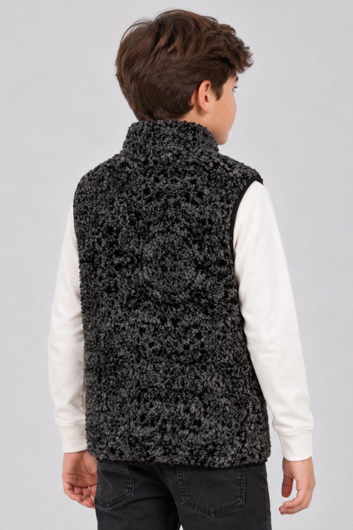 Çocuk Siyah Antrasit Melanj Kıvırcık Peluş Yelek – Dik Yaka, Fermuarlı, Cepsiz, Oversize