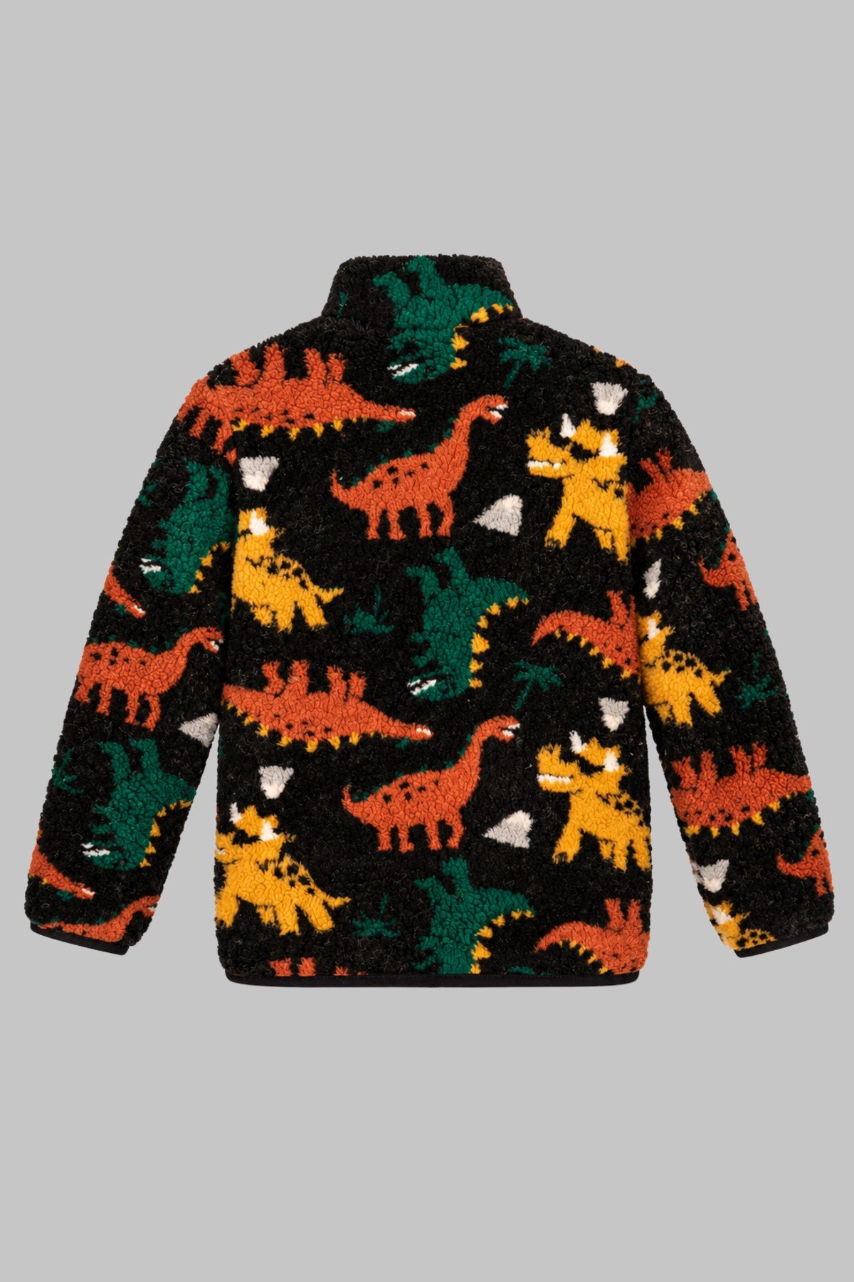 Çocuk Siyah Dinozor Desenli Peluş Ceket – Dik Yaka, Fermuarlı, Cepsiz, Oversize