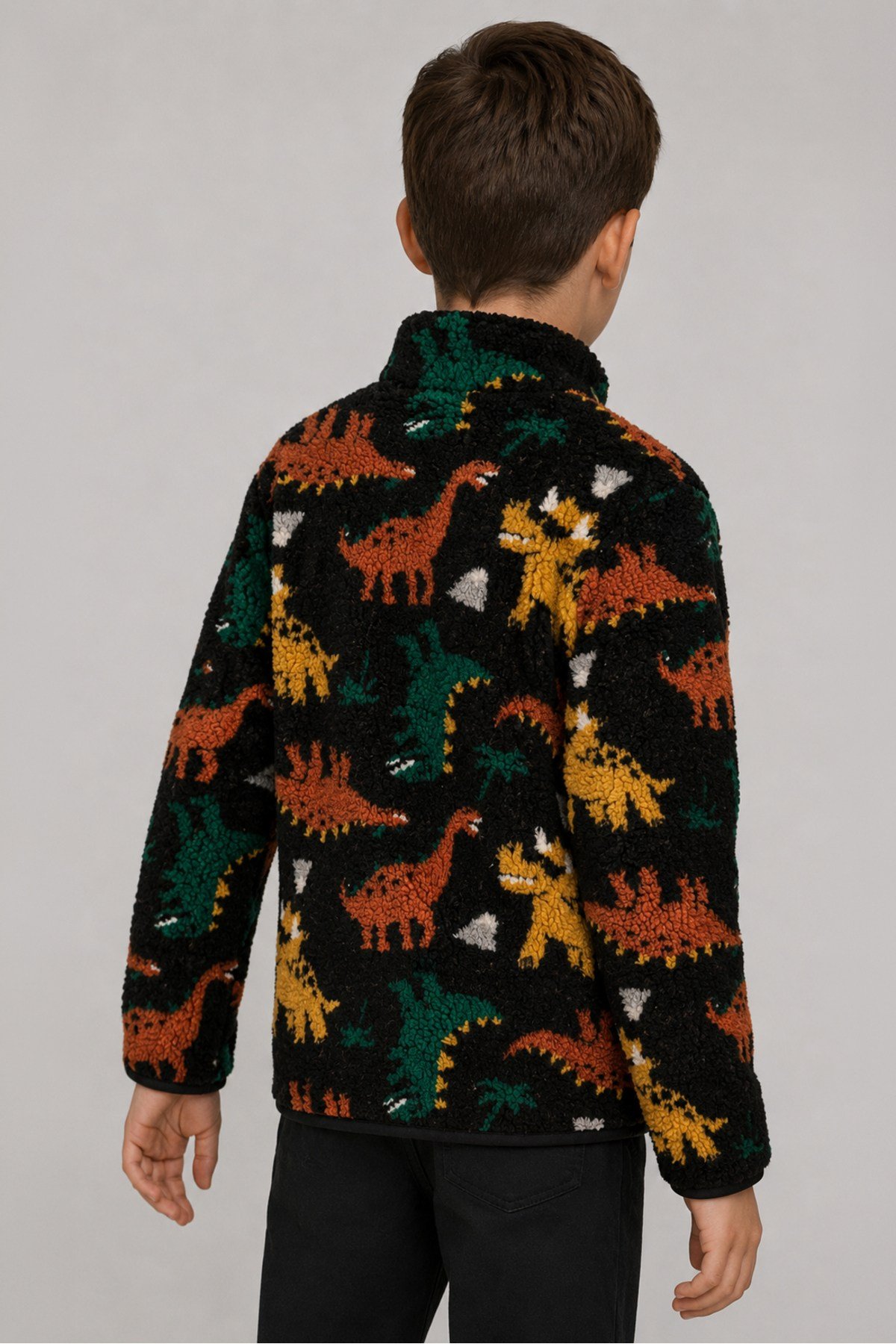 Çocuk Siyah Dinozor Desenli Peluş Ceket – Dik Yaka, Fermuarlı, Cepsiz, Oversize