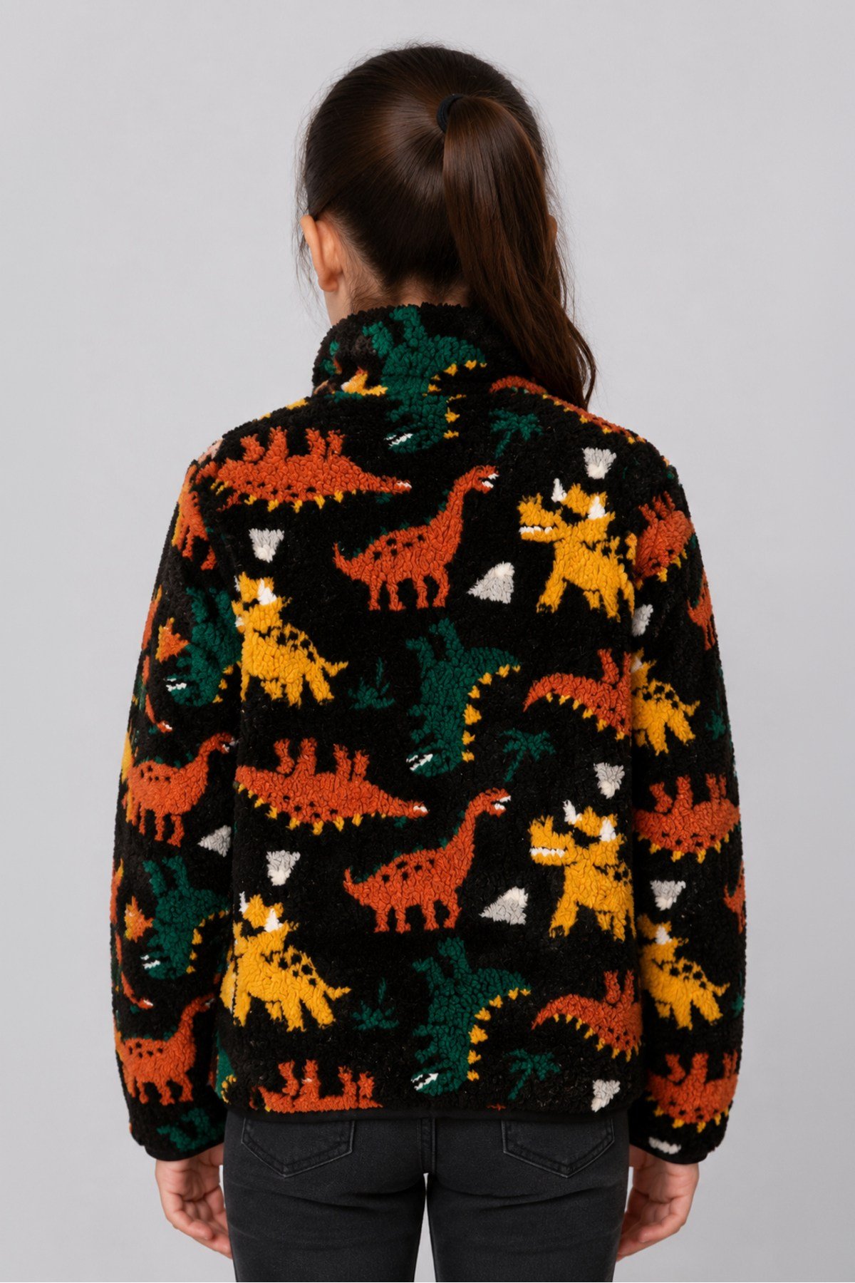 Çocuk Siyah Dinozor Desenli Peluş Ceket – Dik Yaka, Fermuarlı, Cepsiz, Oversize
