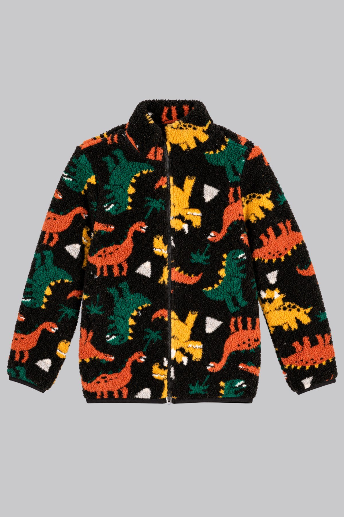 Çocuk Siyah Dinozor Desenli Peluş Ceket – Dik Yaka, Fermuarlı, Cepsiz, Oversize