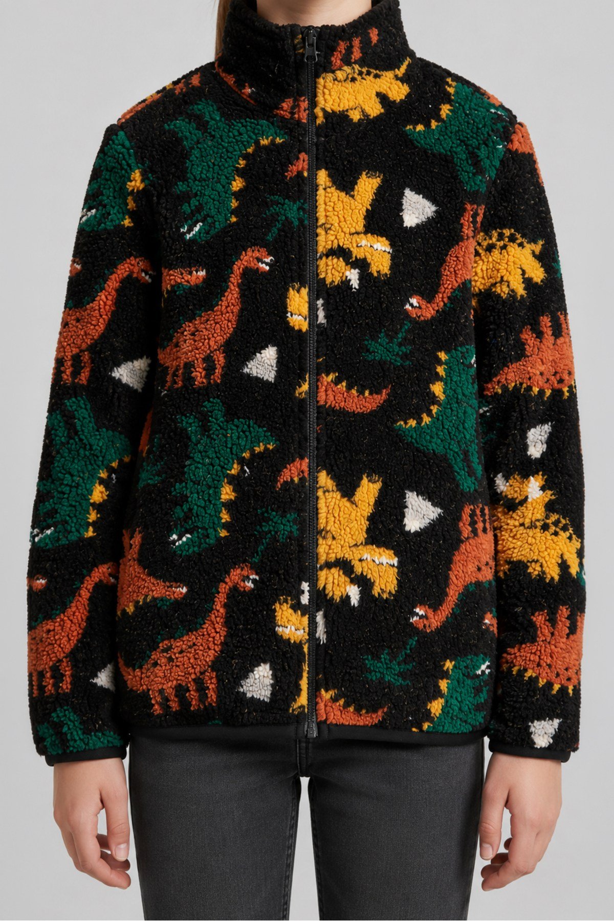 Çocuk Siyah Dinozor Desenli Peluş Ceket – Dik Yaka, Fermuarlı, Cepsiz, Oversize