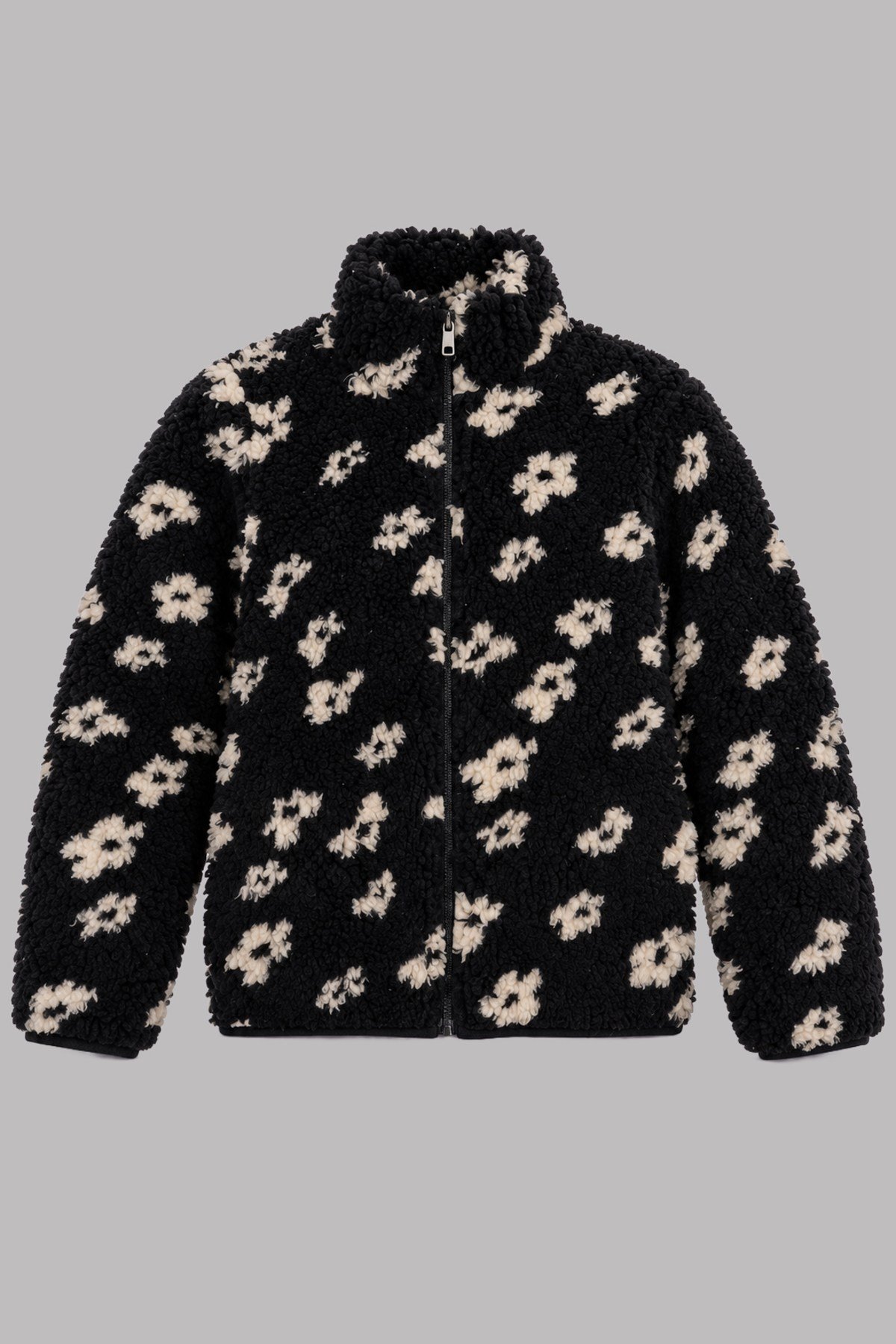 Çocuk Siyah Ekru Çiçek Desenli Peluş Ceket – Dik Yaka, Fermuarlı, Cepsiz, Oversize