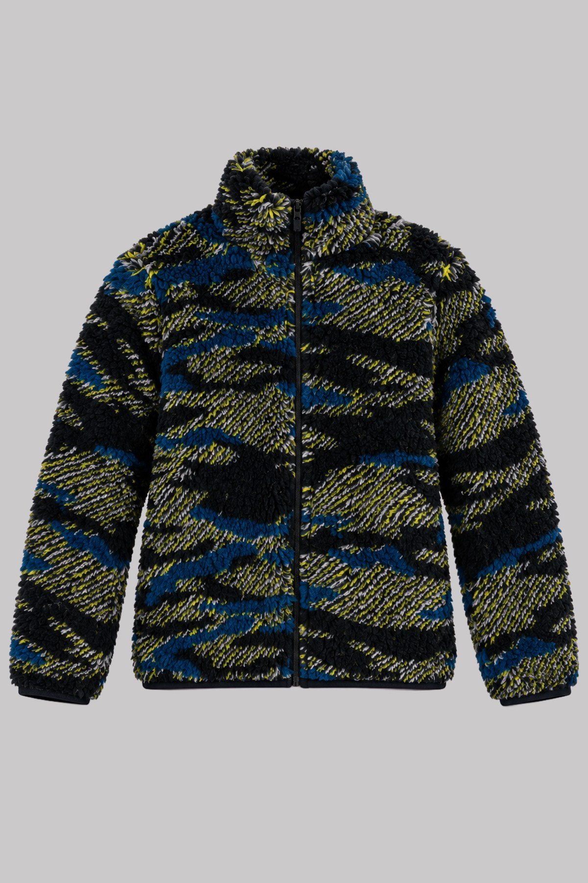 Çocuk Siyah Lacivert Sarı Soyut Desenli Peluş Ceket – Dik Yaka, Fermuarlı, Cepli, Oversize