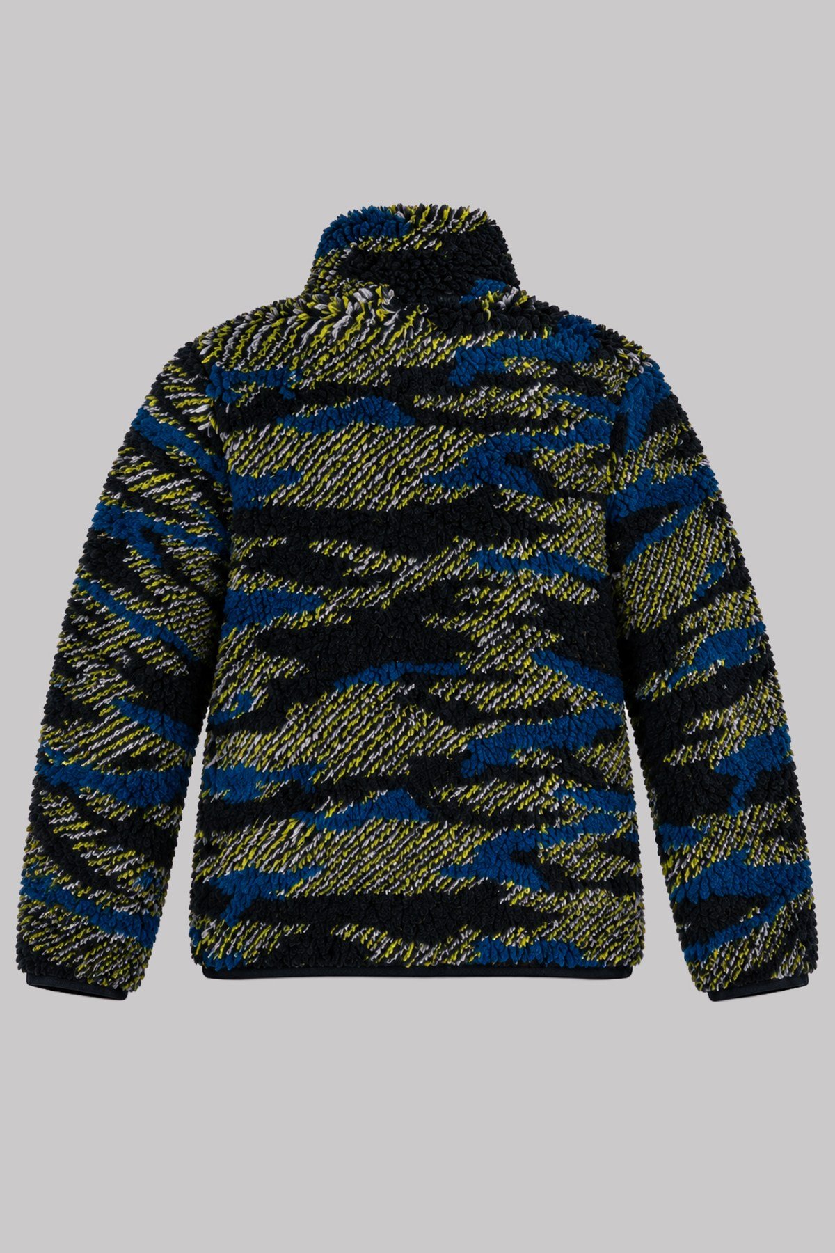 Çocuk Siyah Lacivert Sarı Soyut Desenli Peluş Ceket – Dik Yaka, Fermuarlı, Cepli, Oversize