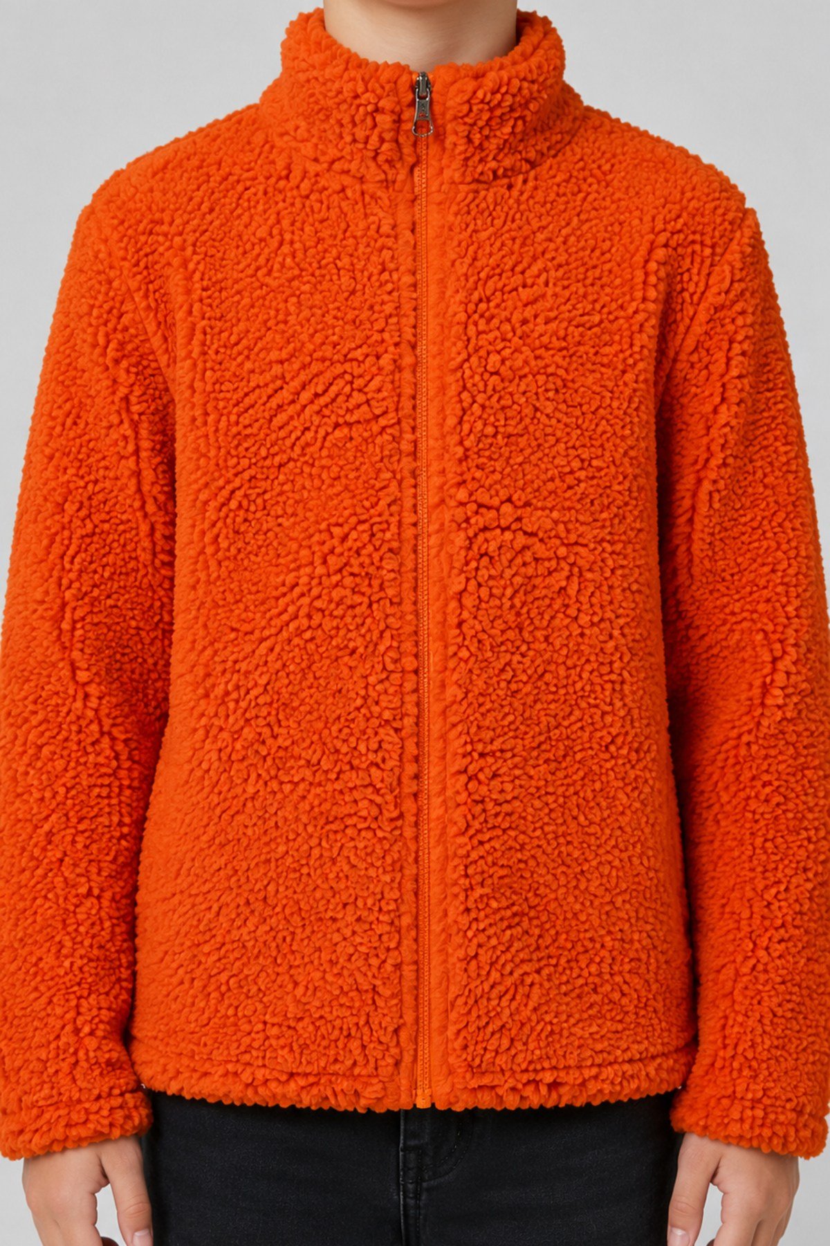 Çocuk Turuncu Düz Renk Peluş Ceket – Dik Yaka, Fermuarlı, Cepli, Oversize