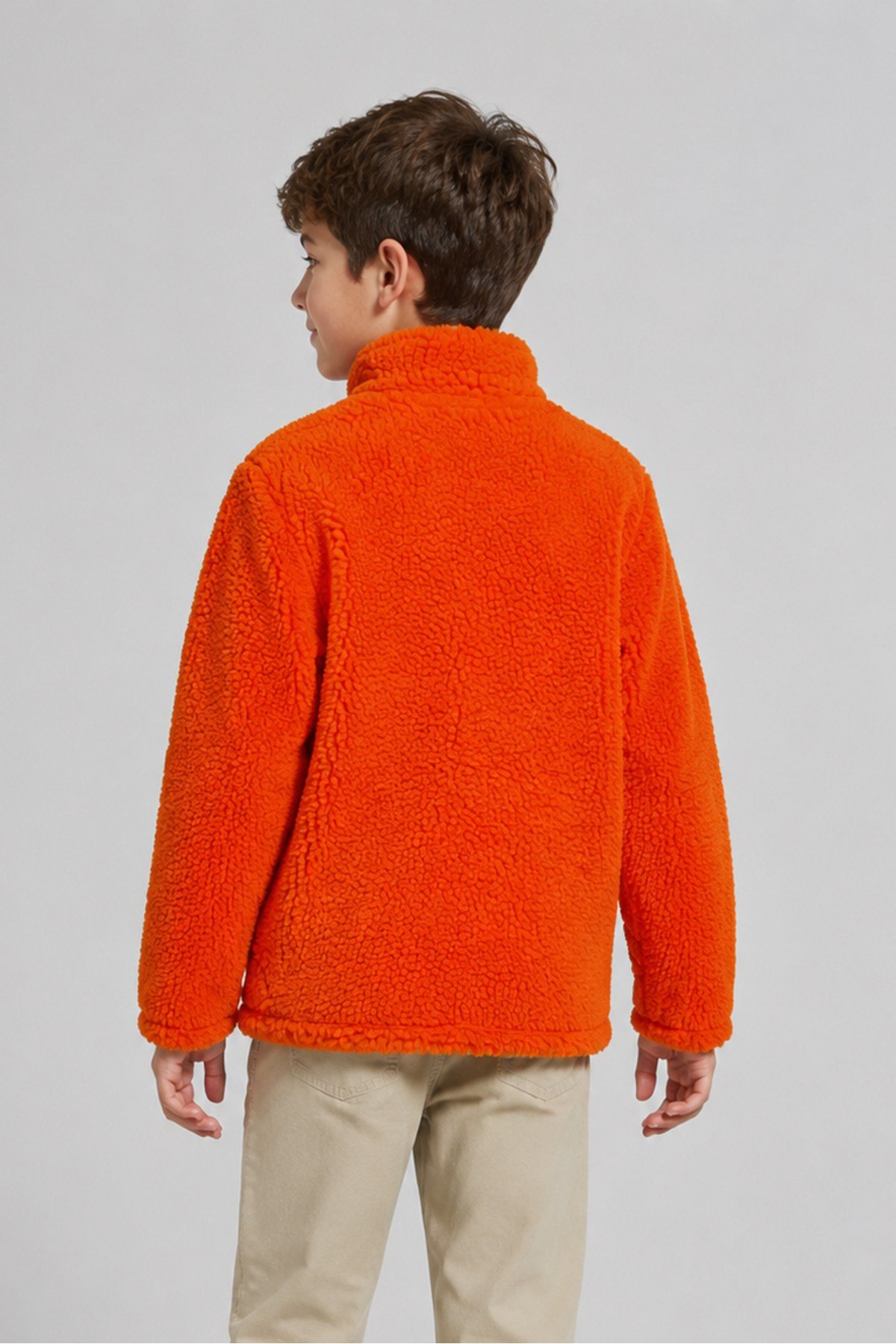 Çocuk Turuncu Düz Renk Peluş Ceket – Dik Yaka, Fermuarlı, Cepli, Oversize