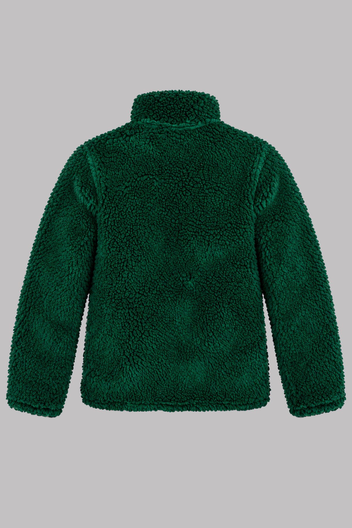 Çocuk Yeşil Düz Renk Peluş Ceket – Dik Yaka, Fermuarlı, Cepsiz, Oversize