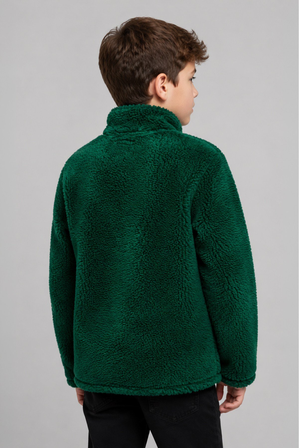 Çocuk Yeşil Düz Renk Peluş Ceket – Dik Yaka, Fermuarlı, Cepsiz, Oversize