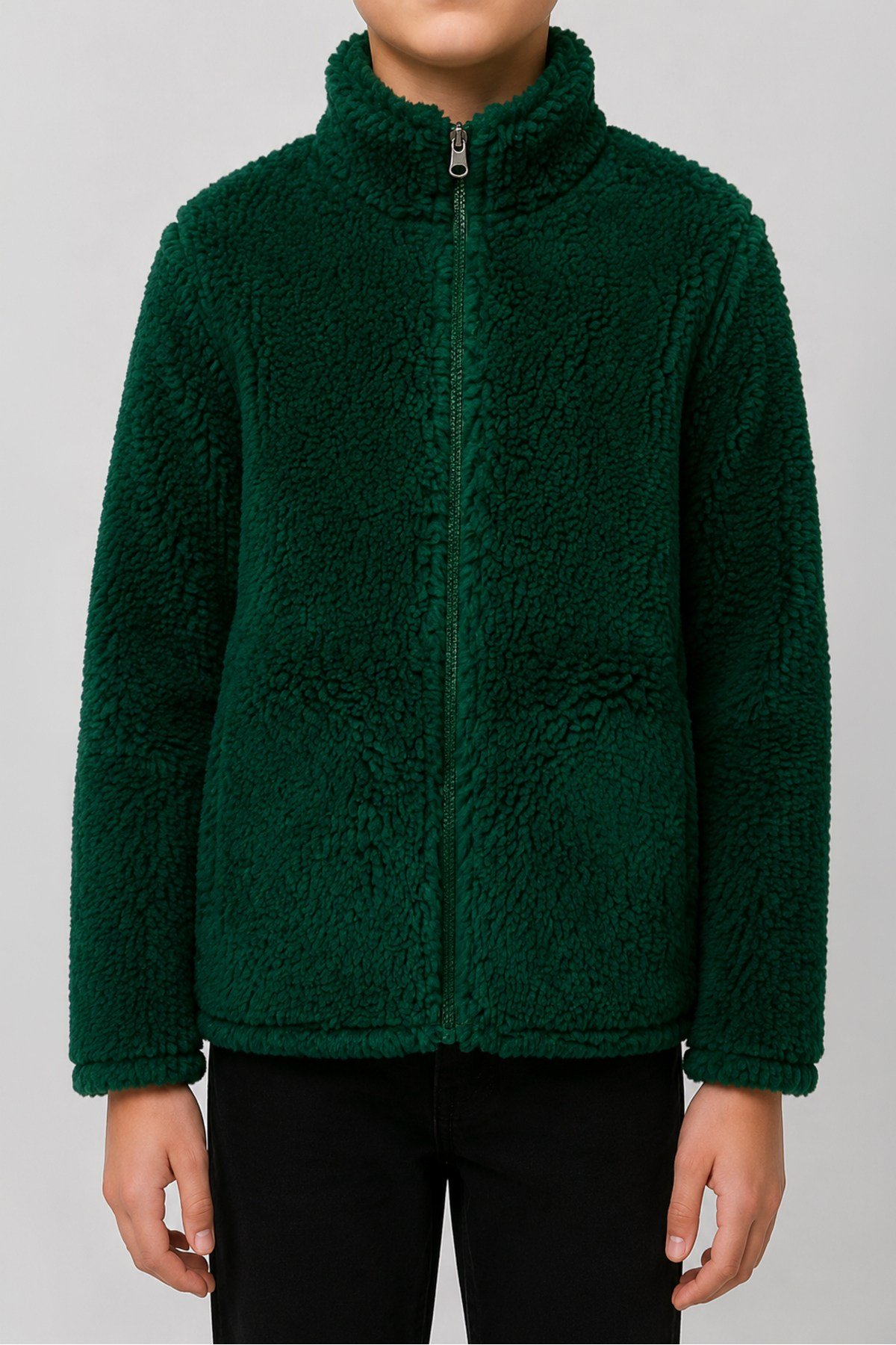 Çocuk Yeşil Düz Renk Peluş Ceket – Dik Yaka, Fermuarlı, Cepsiz, Oversize