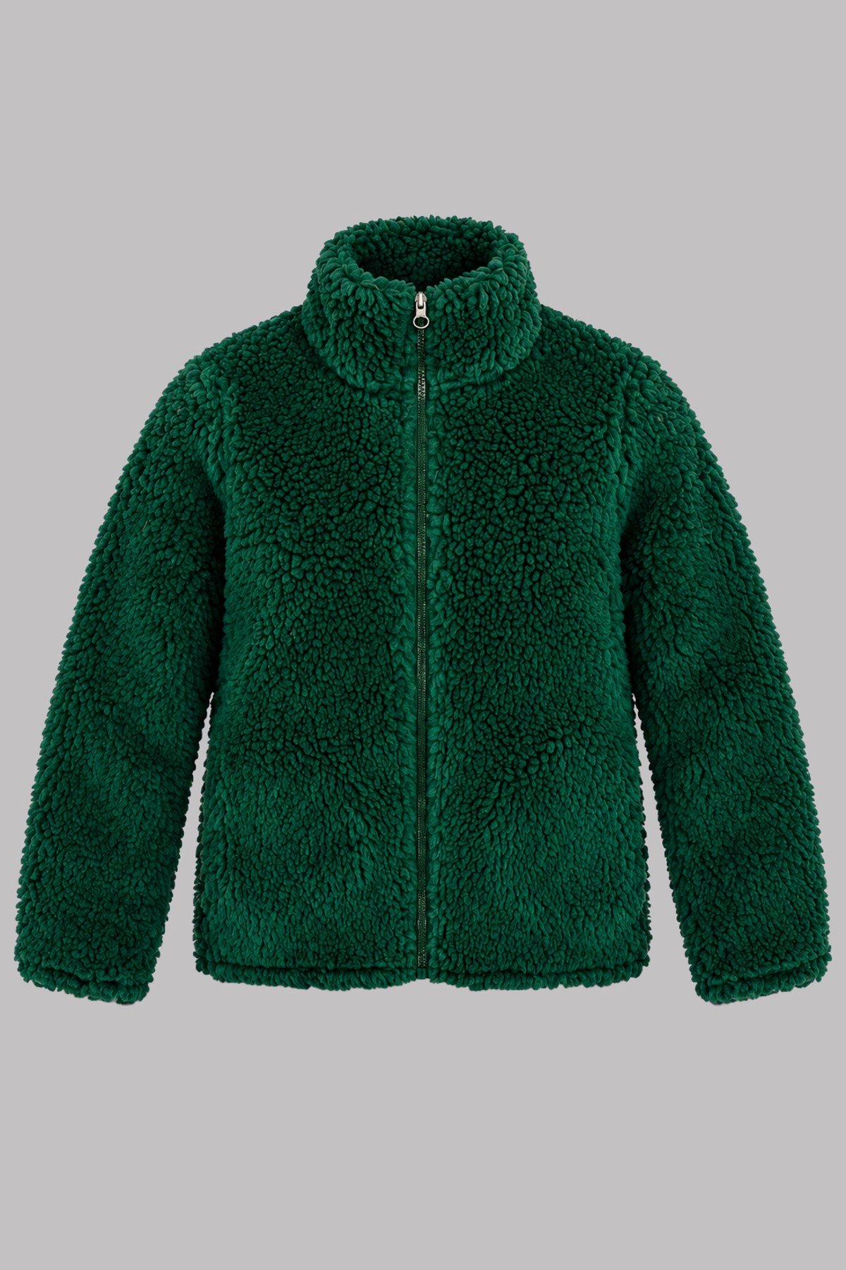 Çocuk Yeşil Düz Renk Peluş Ceket – Dik Yaka, Fermuarlı, Cepsiz, Oversize