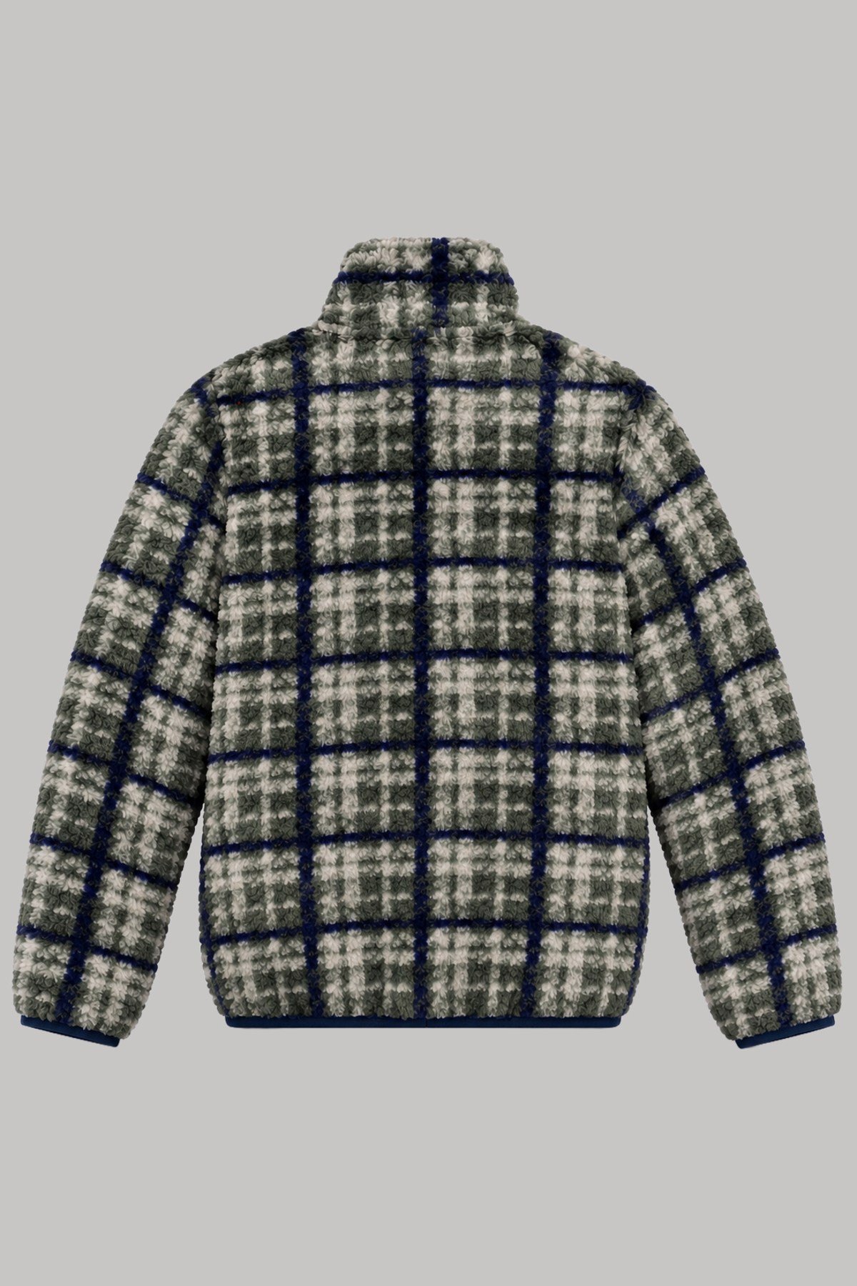 Çocuk Yeşil Gri Pencere Ekose Desenli Peluş Ceket – Dik Yaka, Fermuarlı, Cepsiz, Oversize