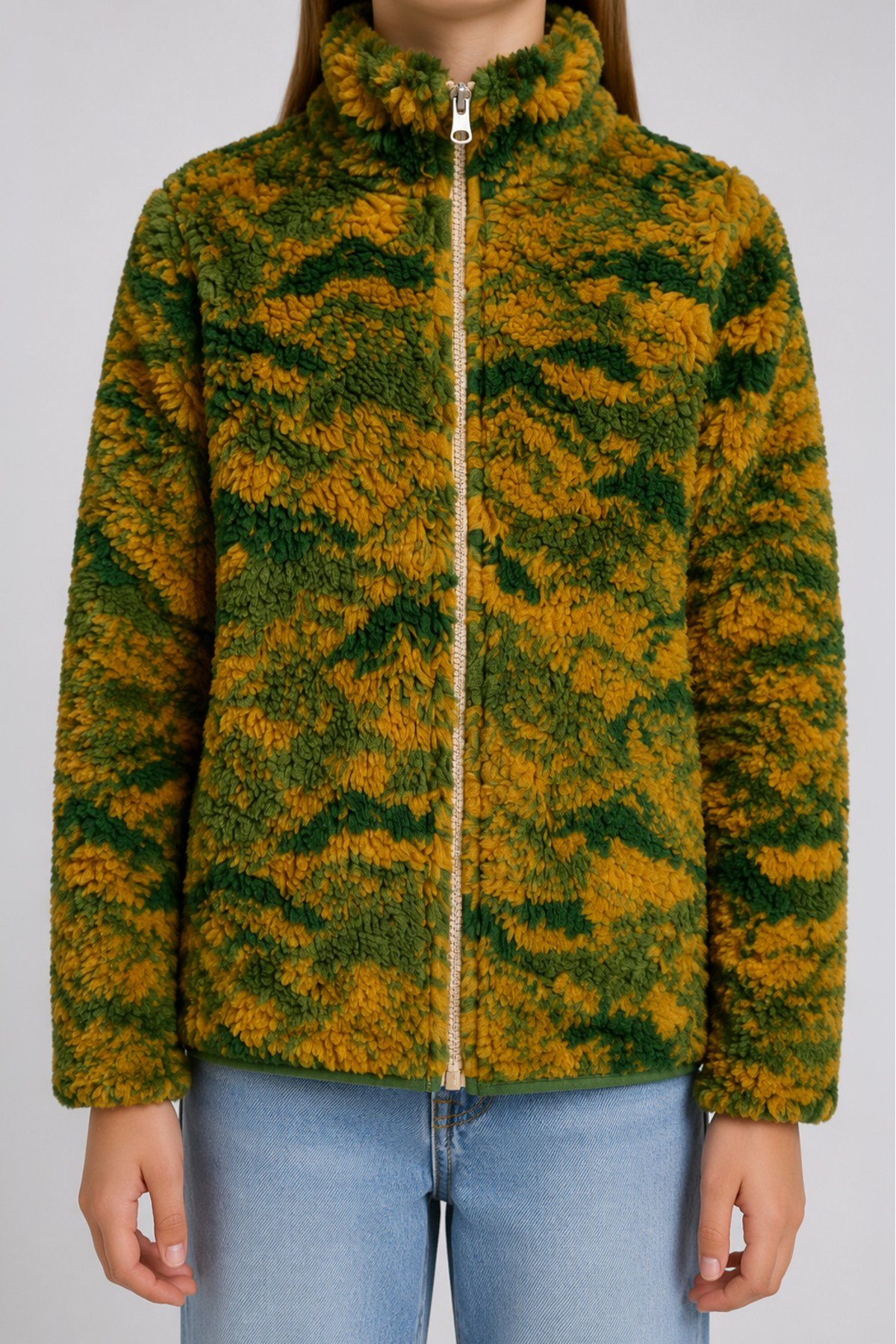 Çocuk Yeşil Sarı Soyut Desenli Peluş Ceket – Dik Yaka, Fermuarlı, Cepsiz, Oversize