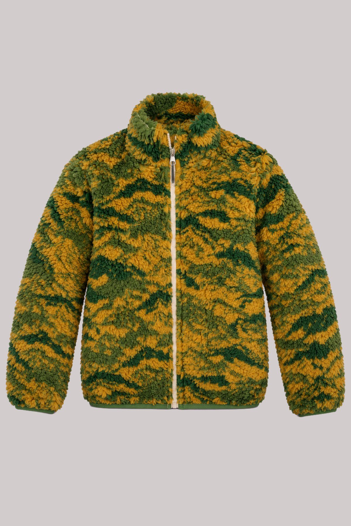 Çocuk Yeşil Sarı Soyut Desenli Peluş Ceket – Dik Yaka, Fermuarlı, Cepsiz, Oversize