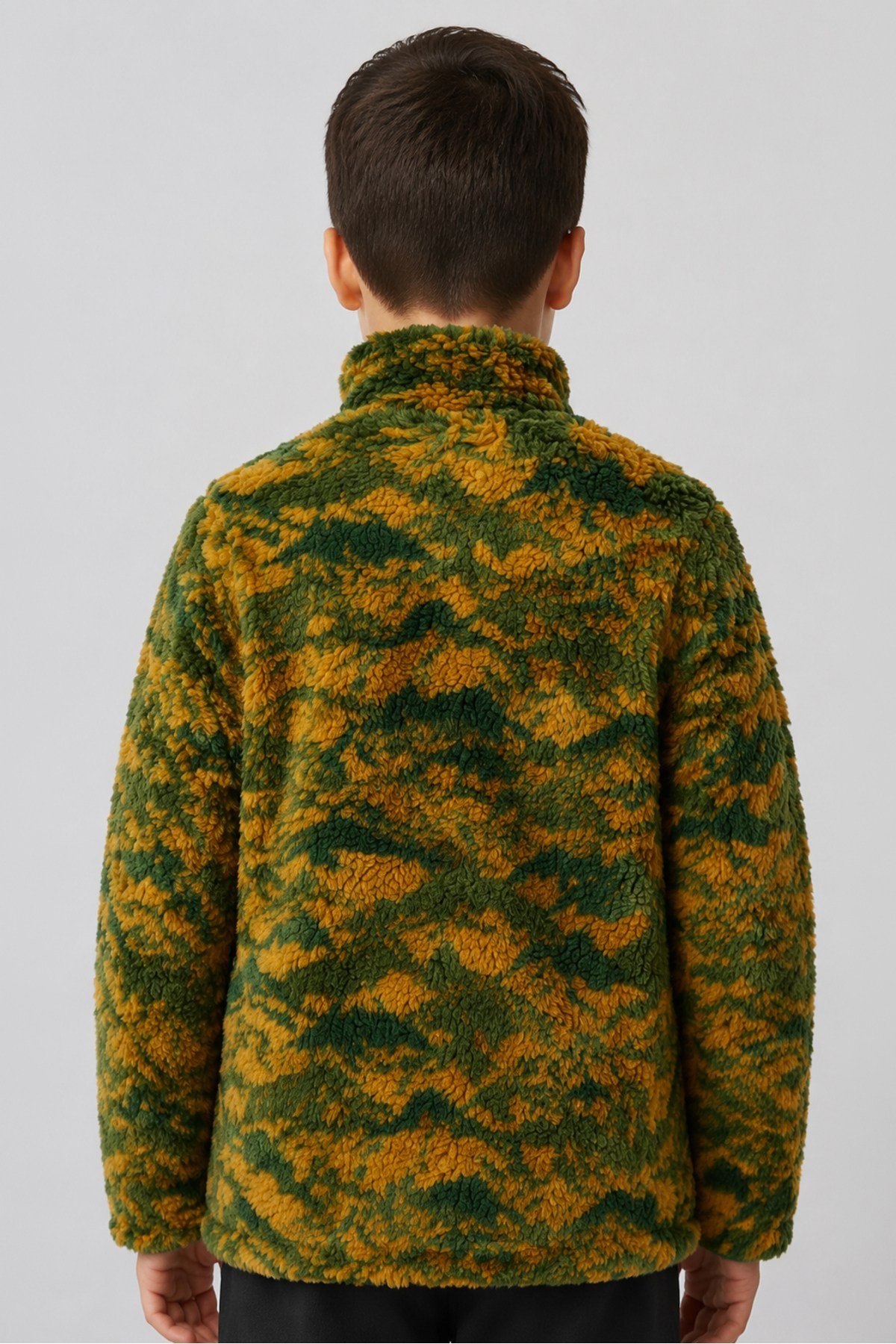 Çocuk Yeşil Sarı Soyut Desenli Peluş Ceket – Dik Yaka, Fermuarlı, Cepsiz, Oversize