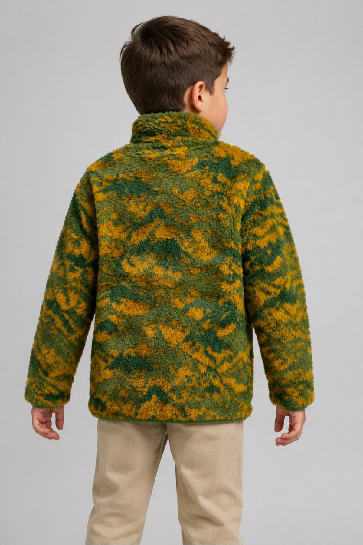 Çocuk Yeşil Sarı Soyut Desenli Peluş Ceket – Dik Yaka, Fermuarlı, Cepsiz, Oversize