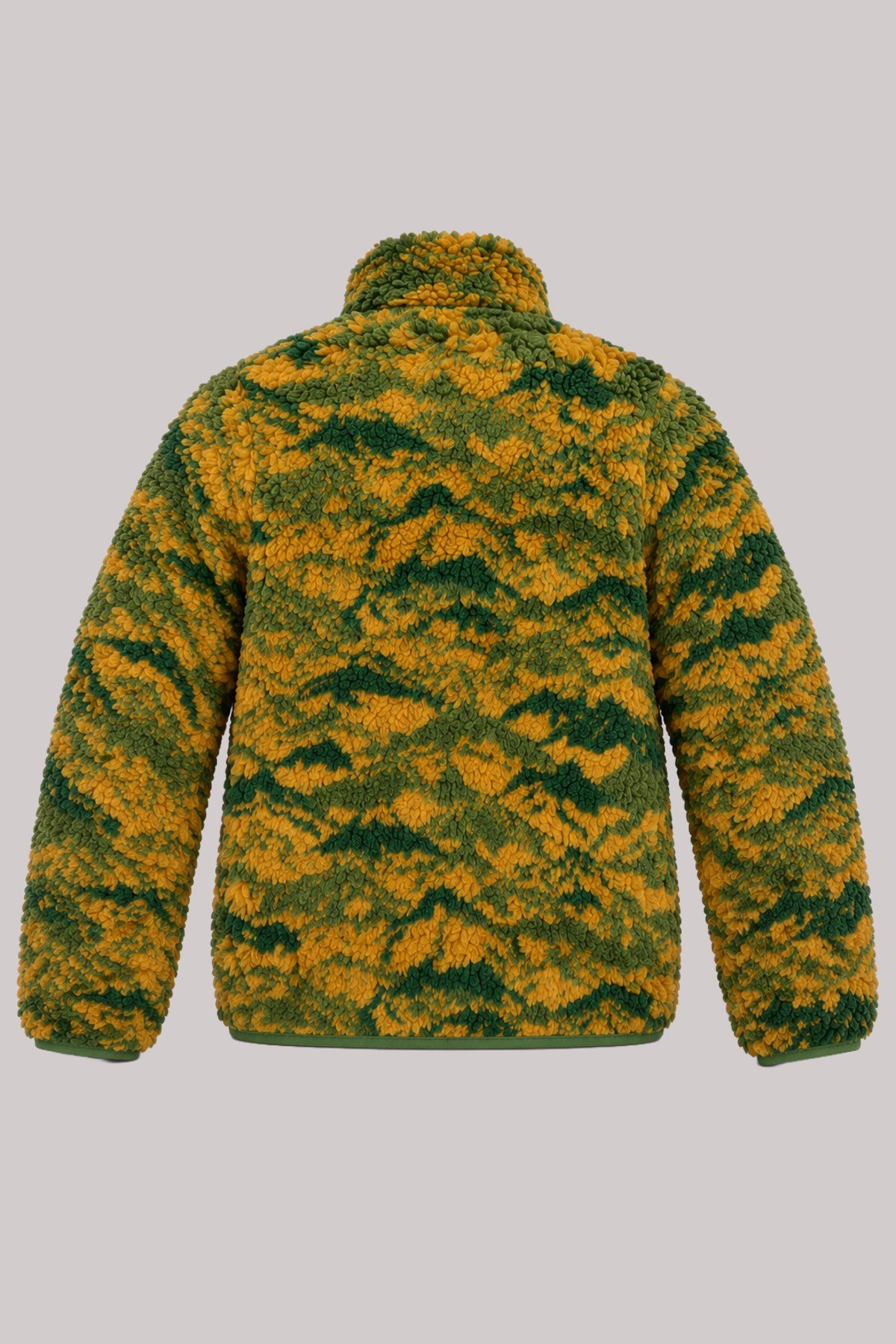 Çocuk Yeşil Sarı Soyut Desenli Peluş Ceket – Dik Yaka, Fermuarlı, Cepsiz, Oversize