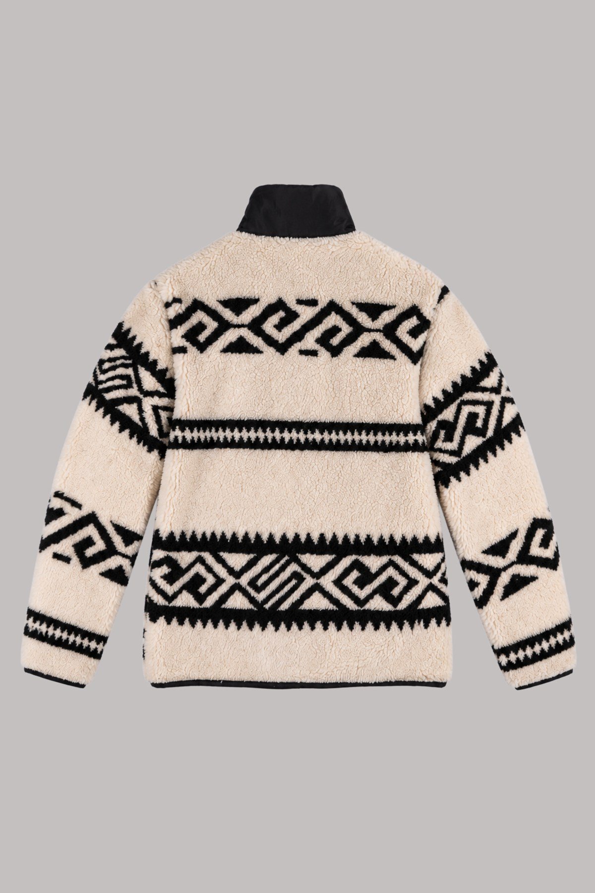 Unisex Ekru Siyah Etnik Geometrik Desenli Peluş Ceket – Dik Yaka, Fermuarlı, Cepli
