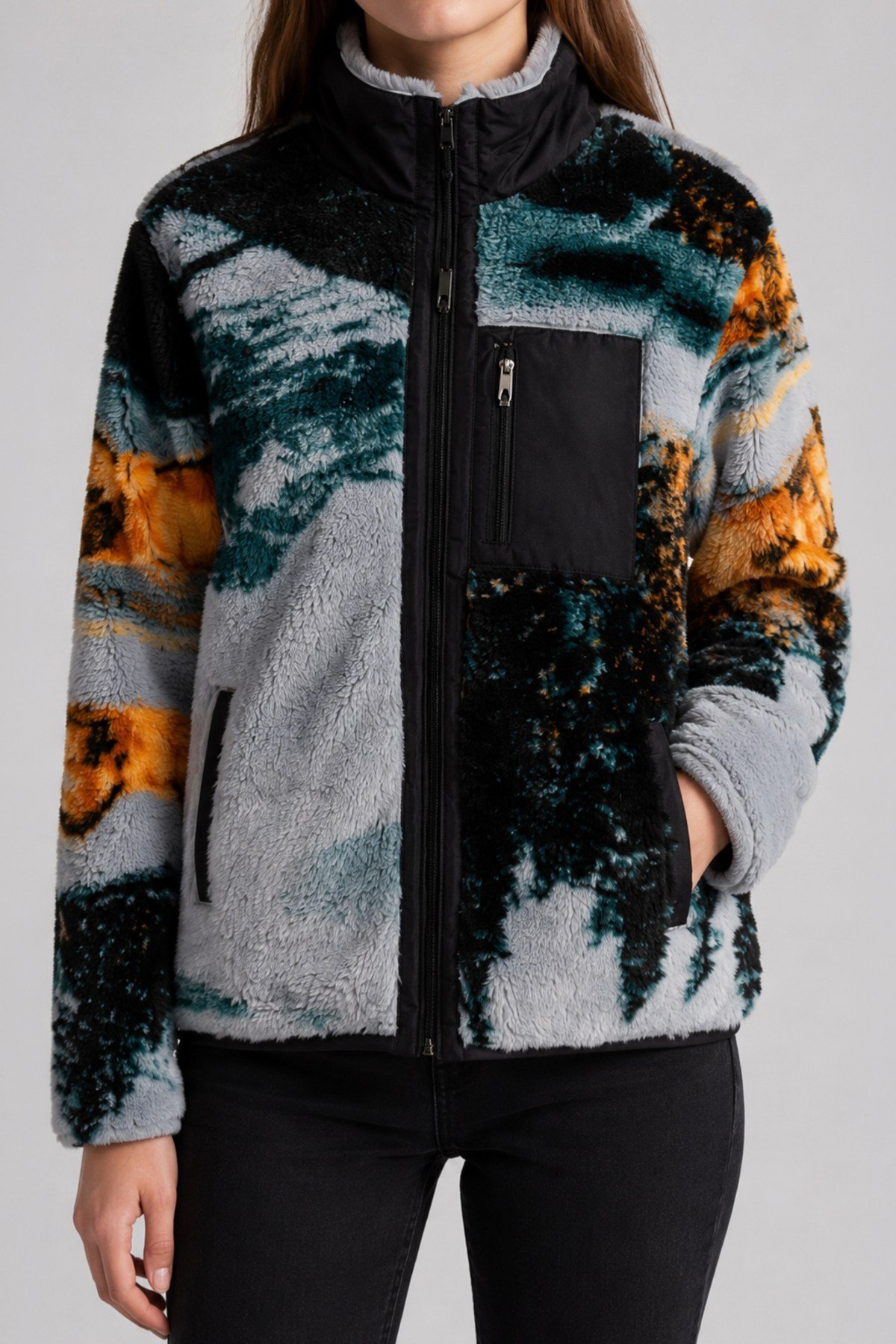 Unisex Gri Siyah Petrol Yeşili Turuncu Soyut Manzara Desenli Peluş Mont – Dik Yaka, Fermuarlı Boyunluk, Çok Cepli, Oversize
