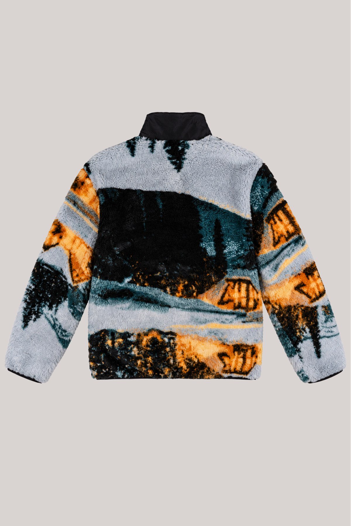 Unisex Gri Siyah Petrol Yeşili Turuncu Soyut Manzara Desenli Peluş Mont – Dik Yaka, Fermuarlı Boyunluk, Çok Cepli, Oversize