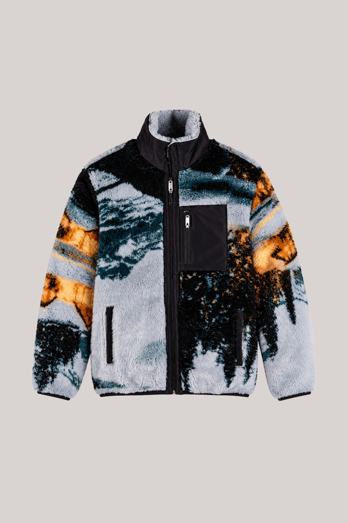 Unisex Gri Siyah Petrol Yeşili Turuncu Soyut Manzara Desenli Peluş Mont – Dik Yaka, Fermuarlı Boyunluk, Çok Cepli, Oversize