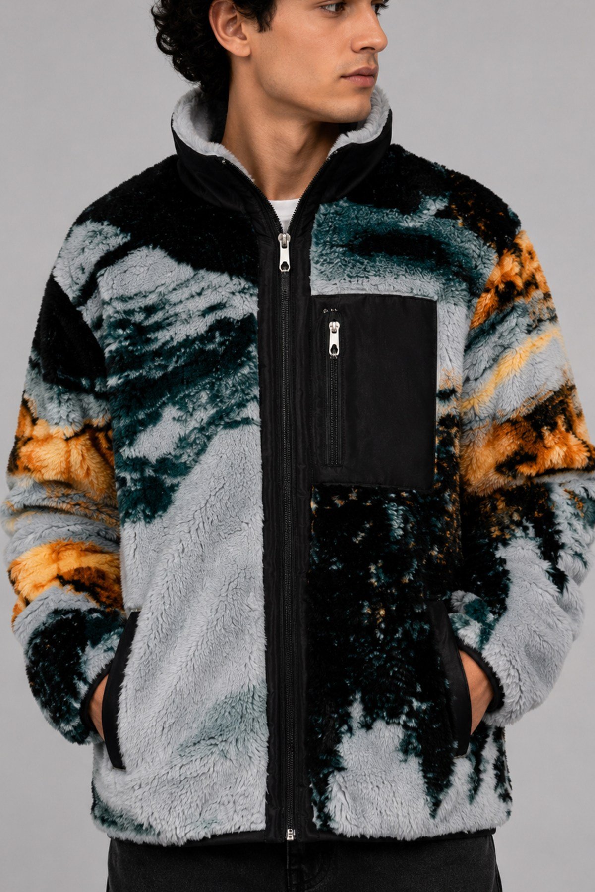Unisex Gri Siyah Petrol Yeşili Turuncu Soyut Manzara Desenli Peluş Mont – Dik Yaka, Fermuarlı Boyunluk, Çok Cepli, Oversize