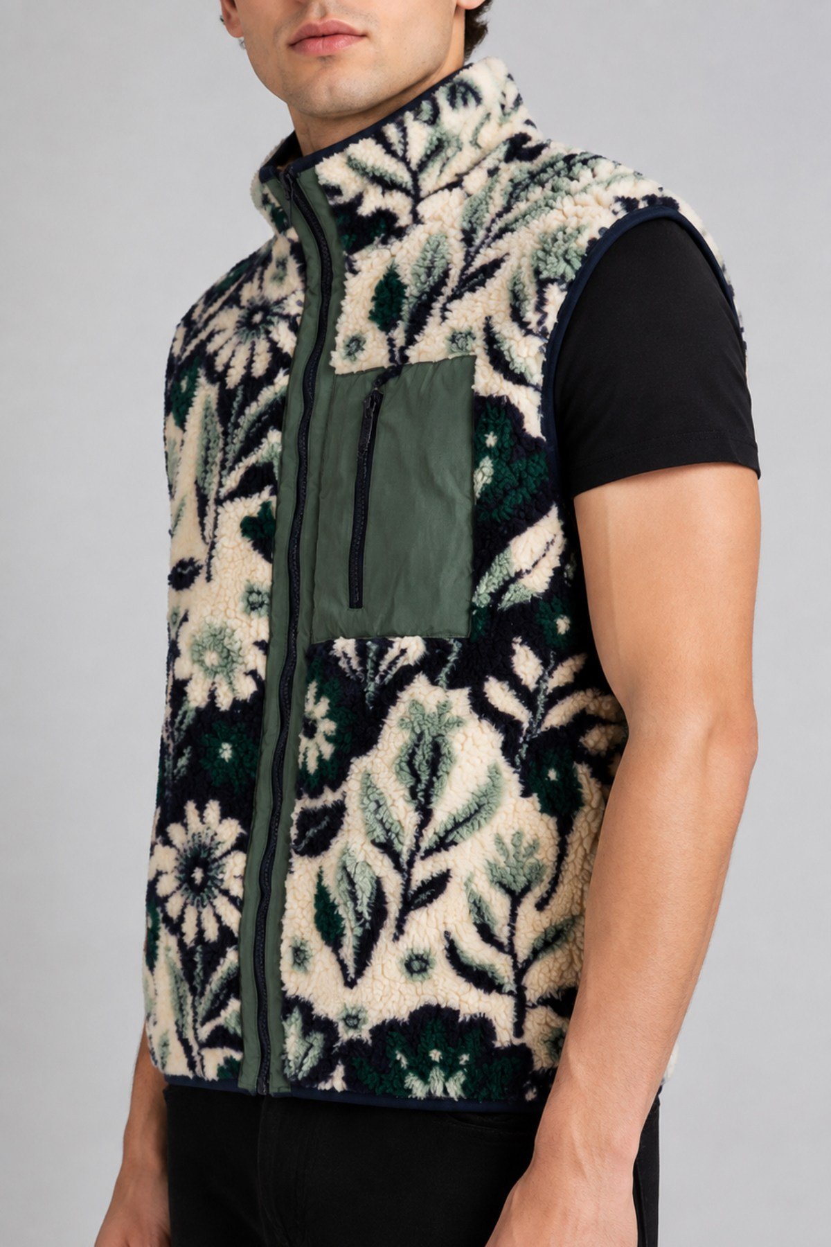 Unisex Lacivert Yeşil Krem Çiçek Desenli Peluş Yelek – Dik Yaka, Fermuarlı, Kolsuz, Oversize