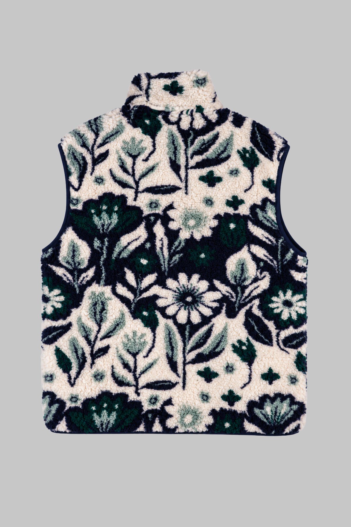 Unisex Lacivert Yeşil Krem Çiçek Desenli Peluş Yelek – Dik Yaka, Fermuarlı, Kolsuz, Oversize