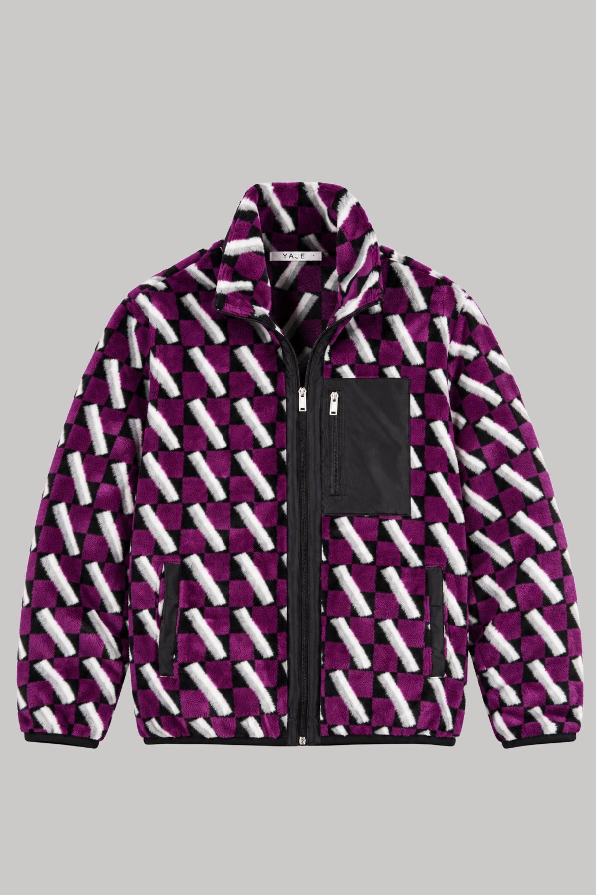 Unisex Mor Siyah Beyaz Geometrik Desenli Peluş Mont – Dik Yaka, Fermuarlı Boyunluk, Çok Cepli, Oversize