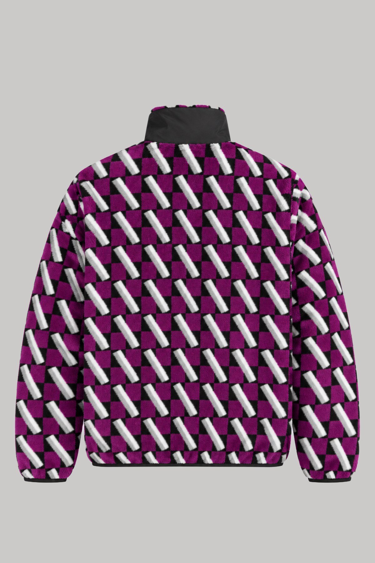 Unisex Mor Siyah Beyaz Geometrik Desenli Peluş Mont – Dik Yaka, Fermuarlı Boyunluk, Çok Cepli, Oversize